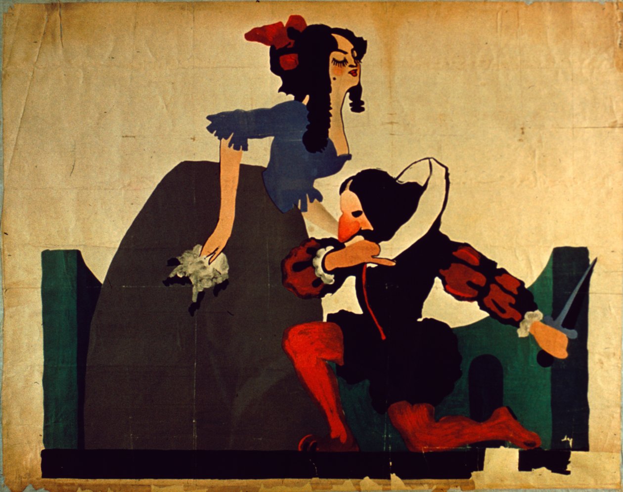Vintage plakát muže klečícího u nohou ženy, kresba Shakespeara (barva lito) od Unbekannt