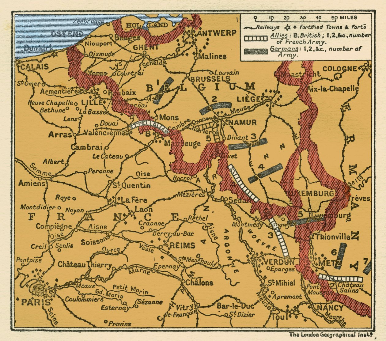 První světová válka Mapa postavení armád 22. srpna 1914 od Unbekannter Künstler