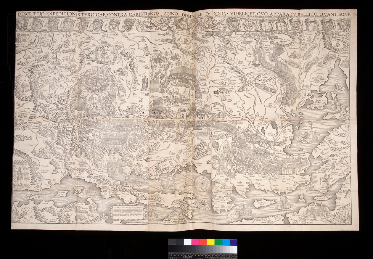 Nástěnná mapa tureckého tažení z roku 1529 od Johanna Haselberga (fl. 1514–37) a Christopha Zella († 1590), Norimberk od Unbekannt