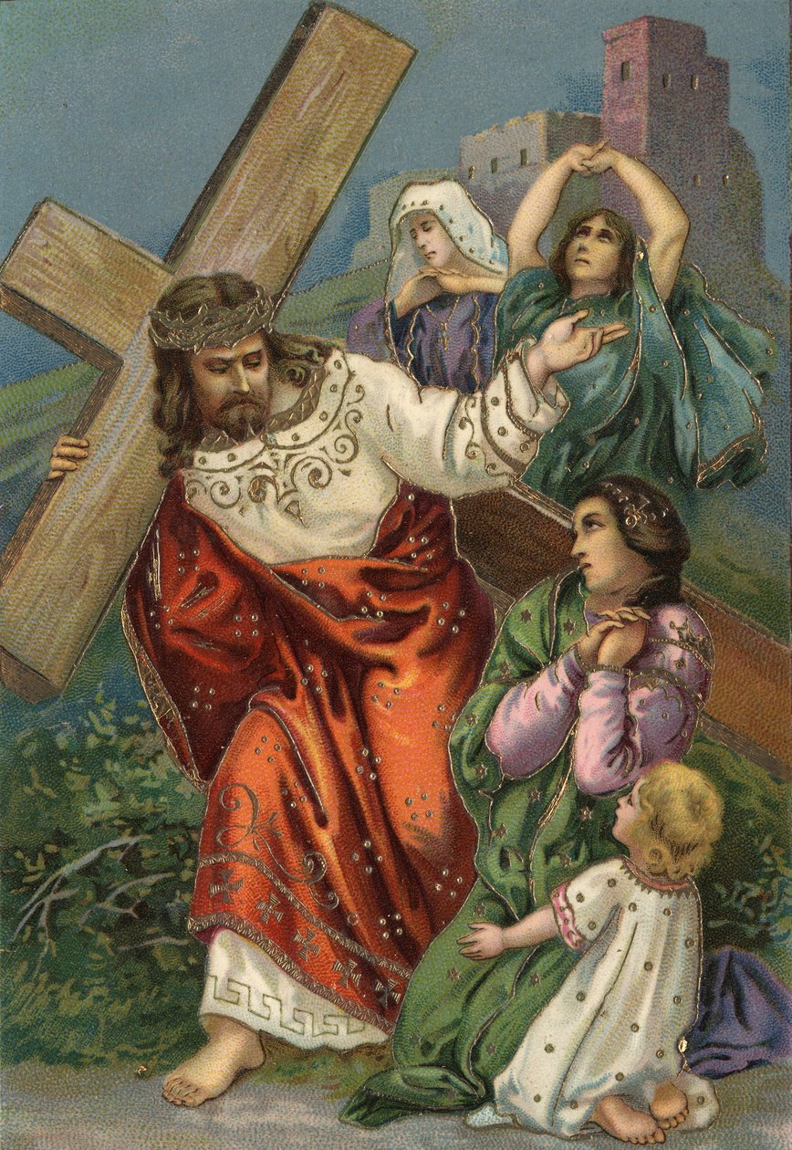 Křížová cesta - via crucis - Křížová cesta: osmé zastavení, Ježíš se setkává s jeruzalémskými ženami Chromolitografie Soukromá sbírka od Unbekannt