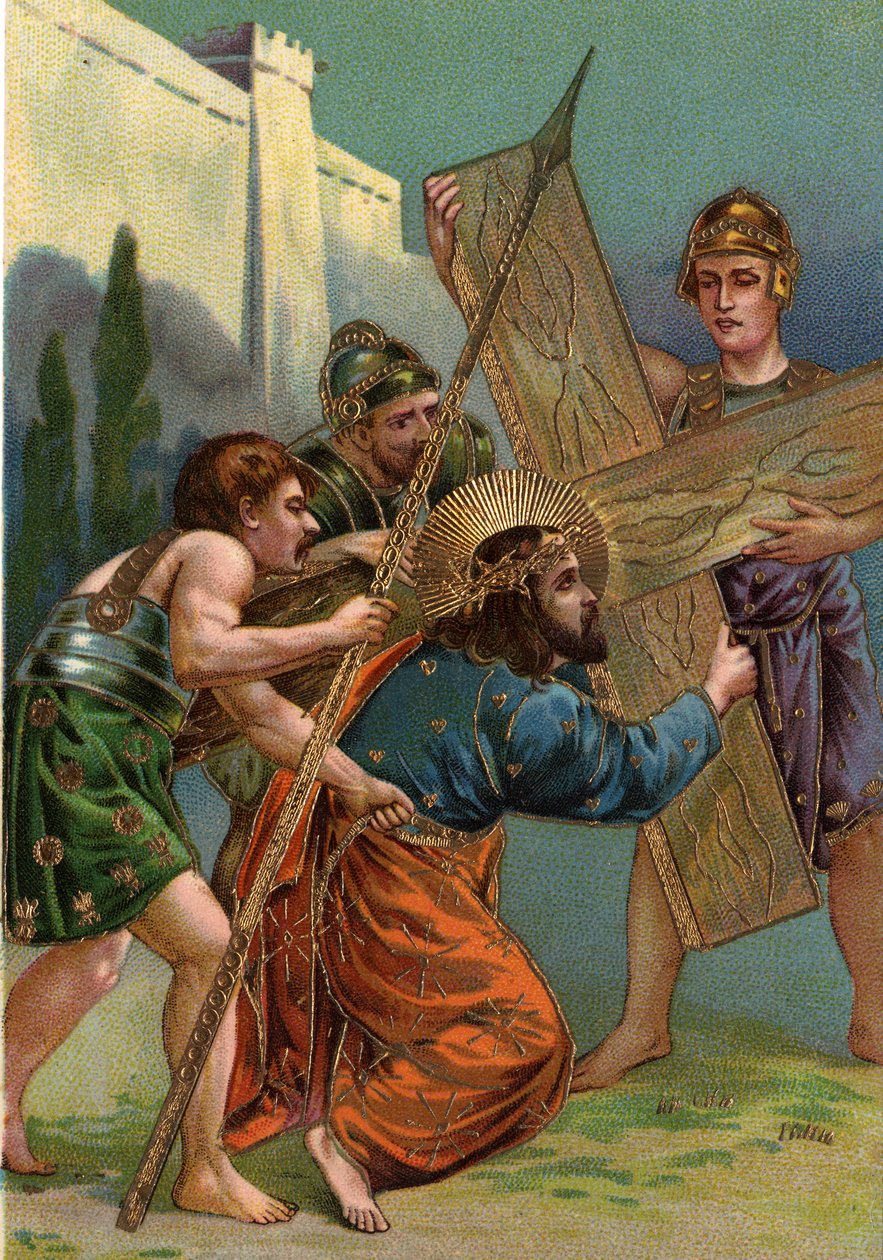Křížová cesta - via crucis - Křížová cesta: třetí zastavení, Ježíš padá poprvé pod tíhou svého kříže (Ježíš padá poprvé) Chromolitografie Soukromá sbírka od William M. Timlin