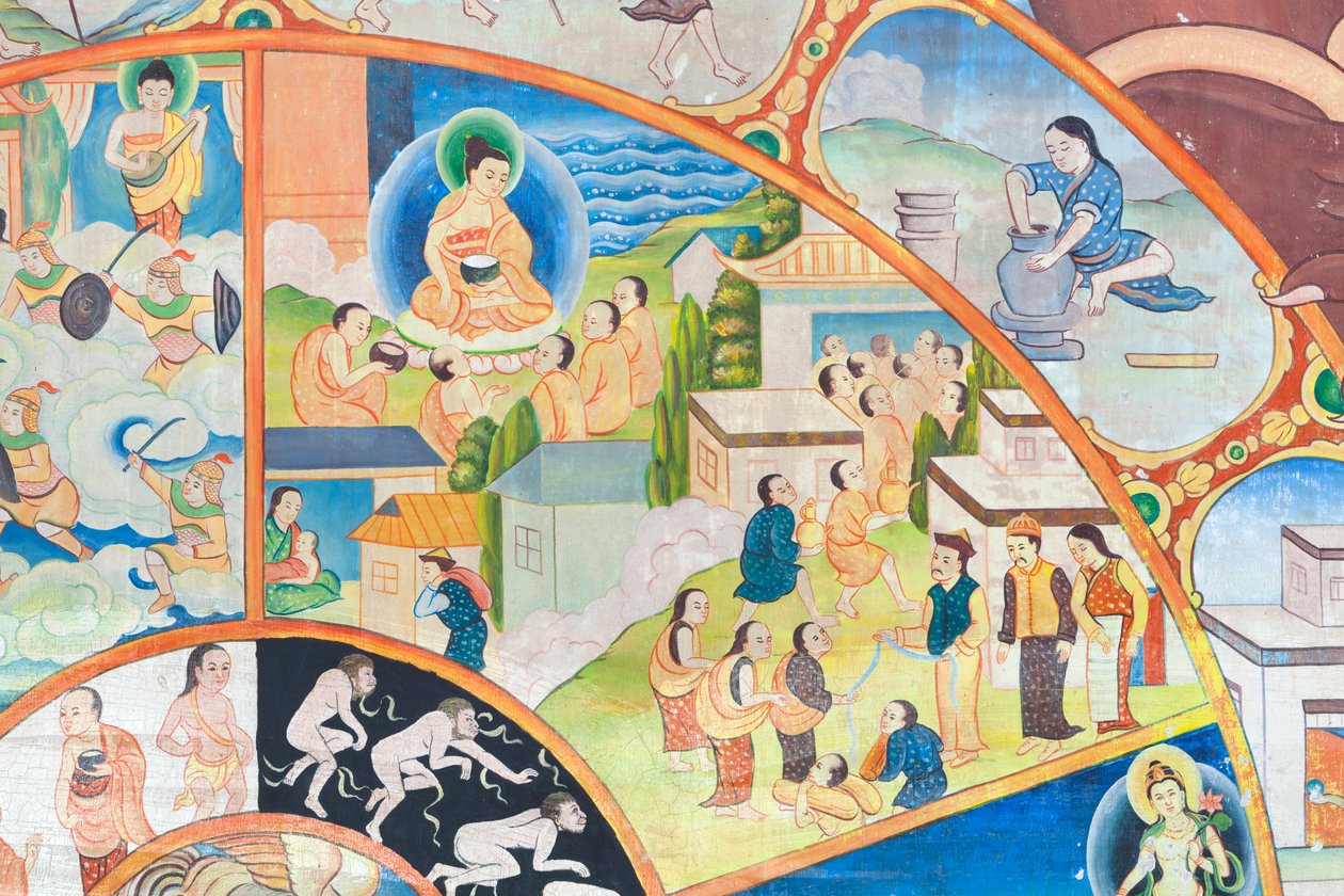 Kolo života, detail, nástěnná malba ve wat Umong, Chiang Mai, Thajsko od Unbekannter Künstler