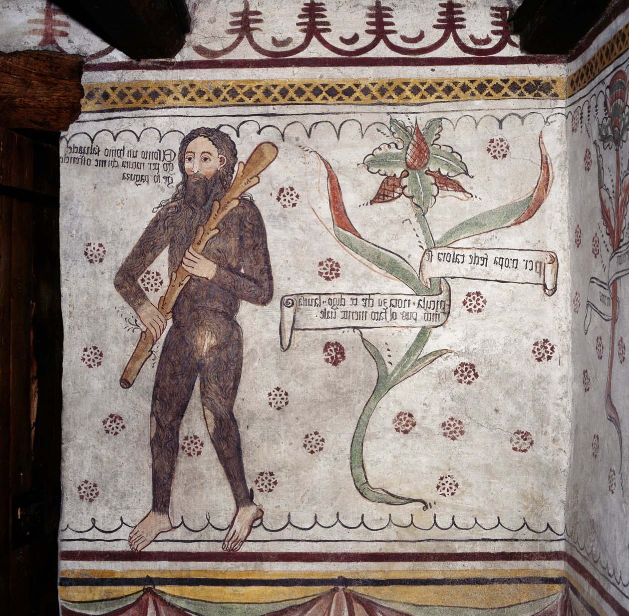 Divoký muž ze Sacco (Homo Selvadego), freska (15. století), dům divokého muže (Uomo Selvatico), Sacco, Cosio Valtellina, Lombardie, Itálie od Benjamin Baud