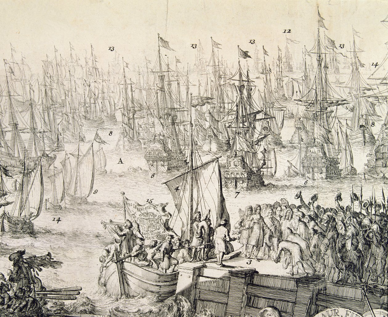 Vilém Oranžský vyplouvá do Anglie v listopadu 1688 (rytina) od Unbekannter Künstler