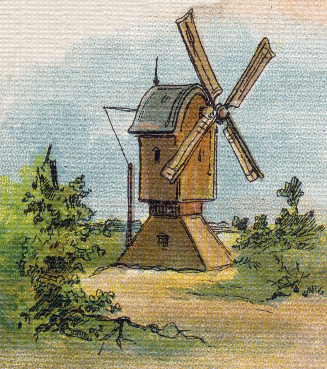 Větrný mlýn. Rytina "Alphabet de ma petite fille". Bernardin-Bechet a Fils, knihkupci-nakladatelé, Paříž, kolem roku 1895. Nerozbitné album na plátně. Bibliotheque des Bebes. 12 stran. Album obsahující metodu čtení a názornou abecedu. Ztlumit: od Unbekannt