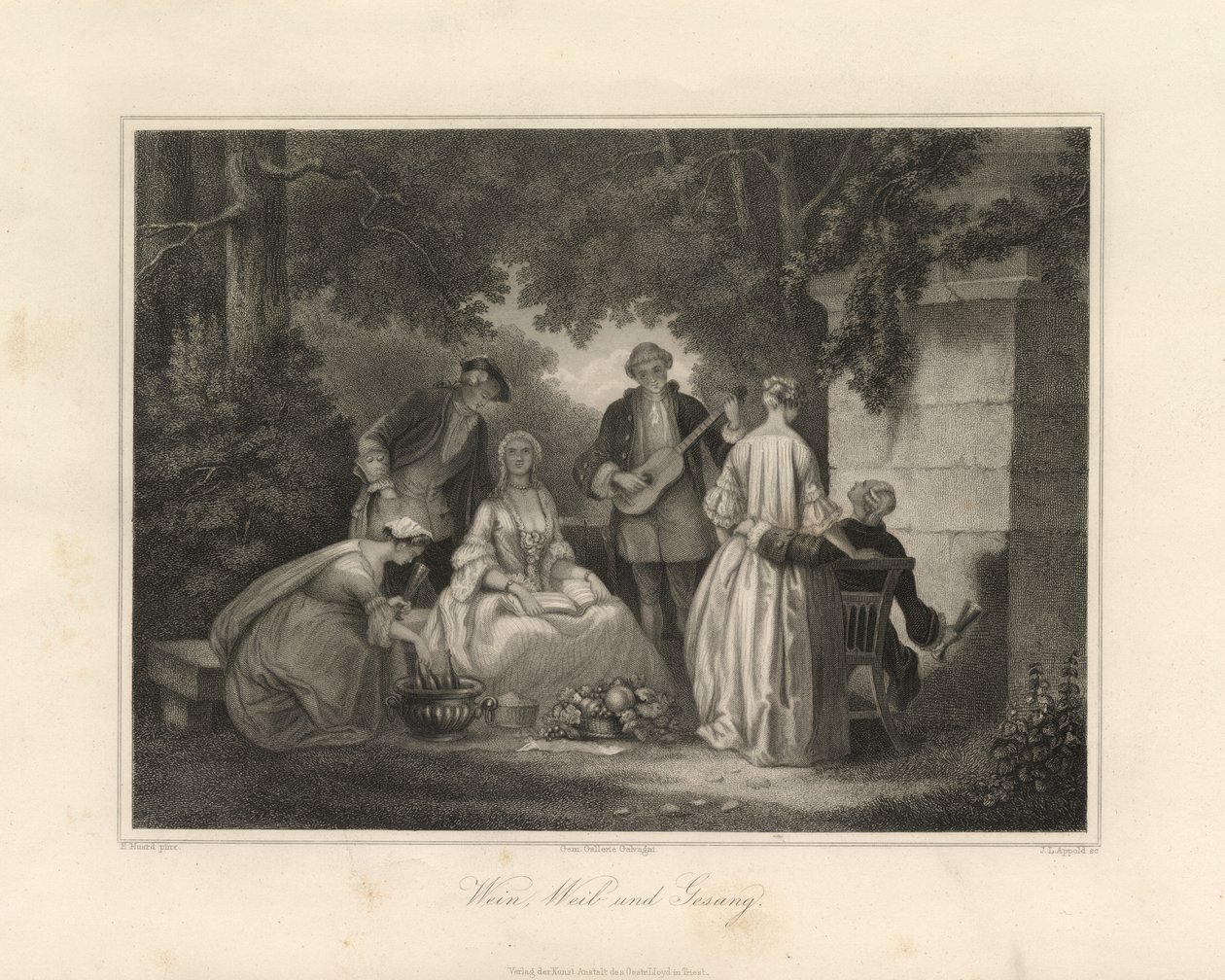 Víno, ženy a píseň, Terst, cca 1850 (rytina) od Unbekannter Künstler