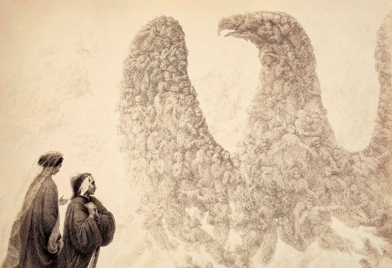 V Jupiterově sféře vidí Dante požehnané duchy, jak se uspořádávají do podoby orla, symbolu říše. Ilustrace z Canto XVIII v Paradisu Božské komedie od Dante Alighieriho. Dílo Francesca Scaramuzzy věnované Munovi od Unbekannter Künstler