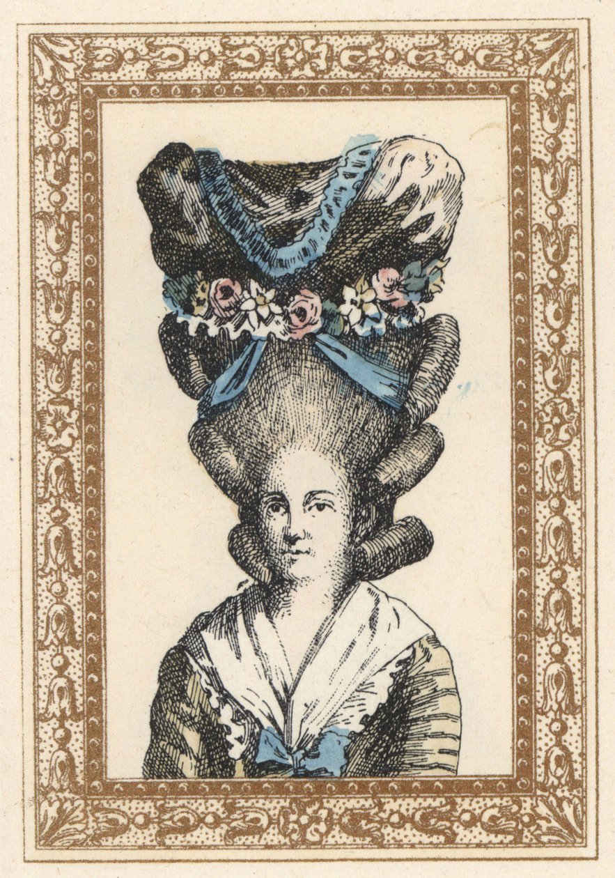 Žena v čepci Gabrielle Vergy, převázaném stuhami a květinovými girlandami. Klobouk a la Gabrielle Vergy, inspirovaný tragédií Dormonta De Belloyda z roku 1777. Ručně kolorovaná litografie de Laubadere z knihy Octave Uzane