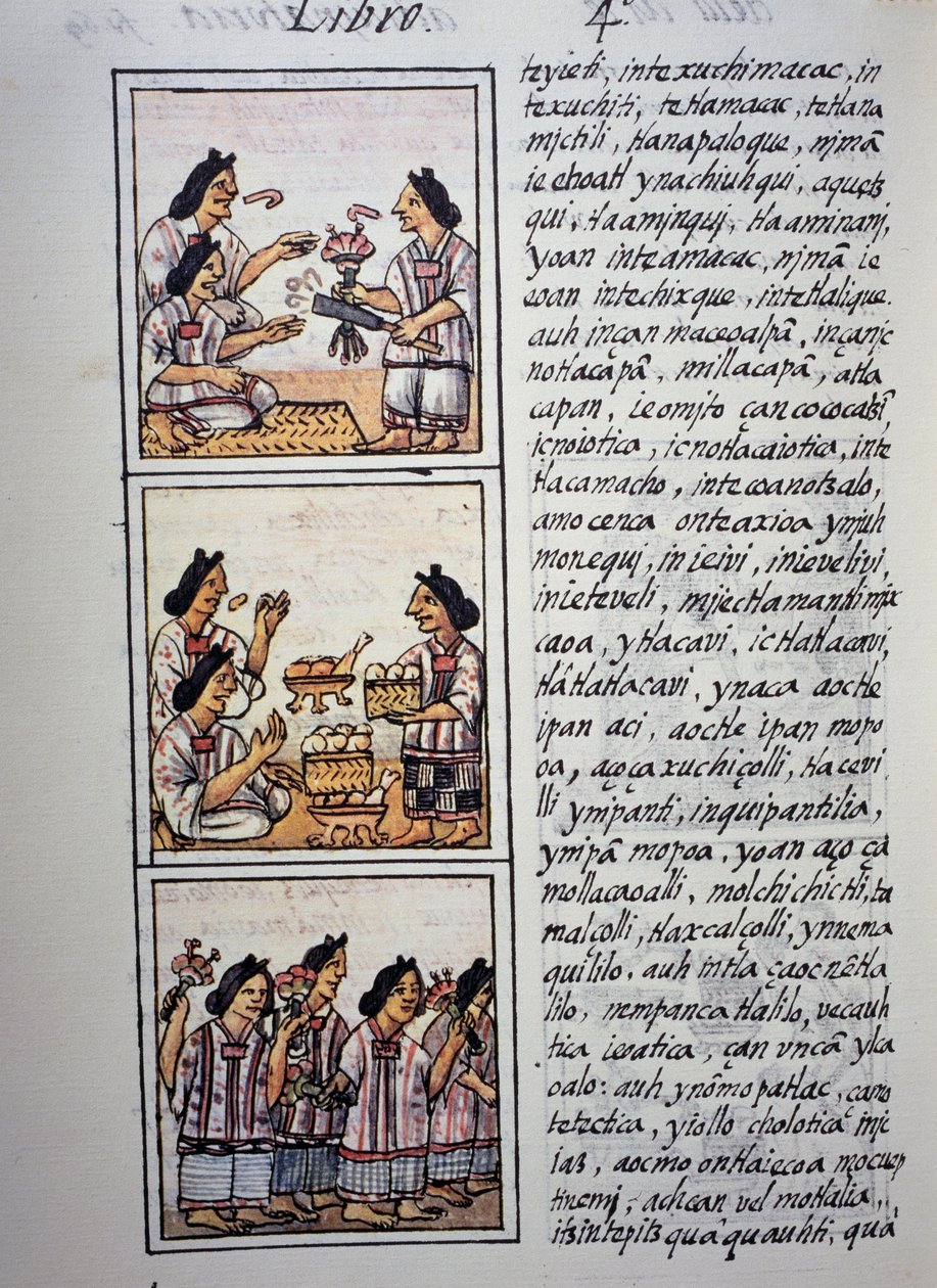 Ženy připravující hostinu, IV. kniha Florentského kodexu, dvojjazyčná verze ve španělštině a nahuatlu, Obecná historie věcí Nového Španělska (Historia general de las cosas de Nueva Espana), aztécká civilizace od William M. Timlin