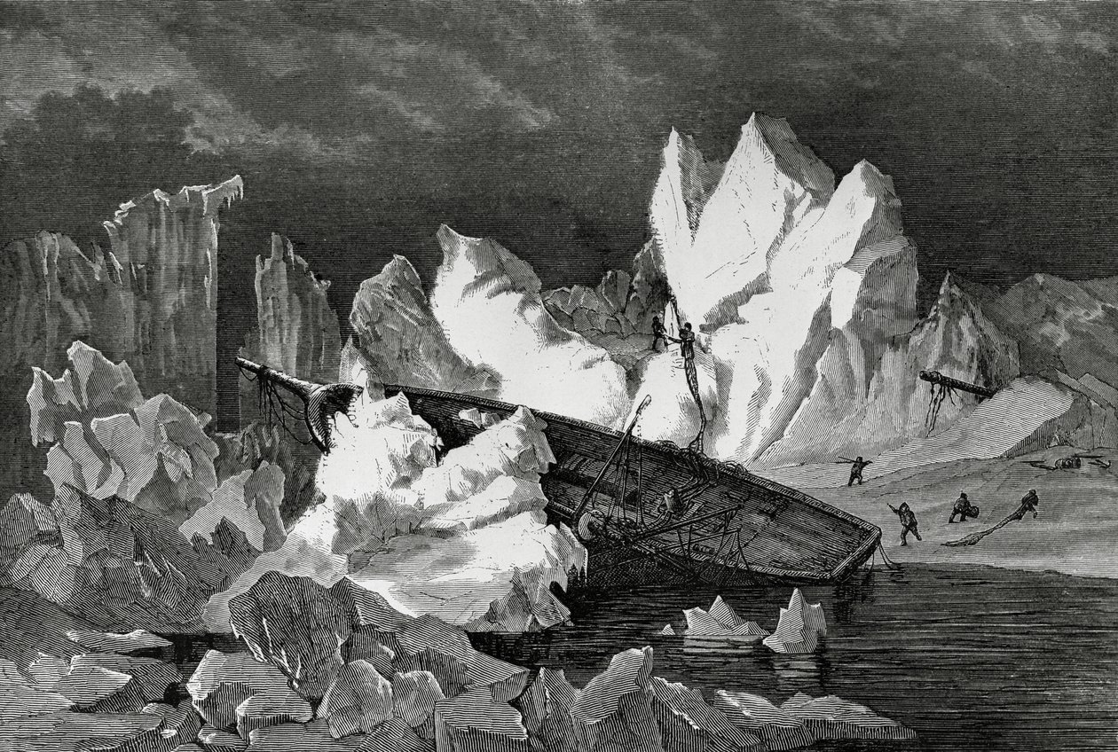 Vrak Hansy rozdrcený ledem, říjen 1869, Severní ledový oceán, druhá německá expedice po severním pólu od William M. Timlin