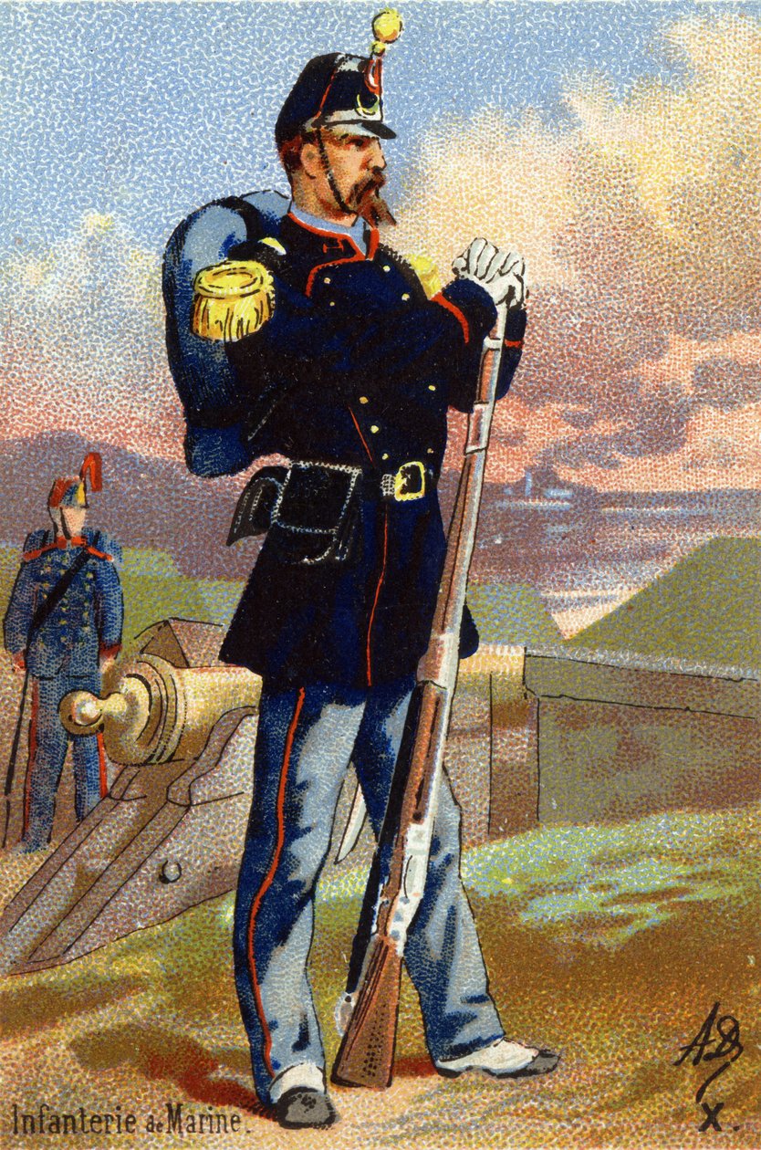 X: Námořní pěchota. Rytina ve "vojenské abecedě" . Iniciály ilustrátora: A. D. Neznámý vydavatel. Chromolitografie konce 19. století. Rozměr: 10,5 x 7 cm. od Unbekannt