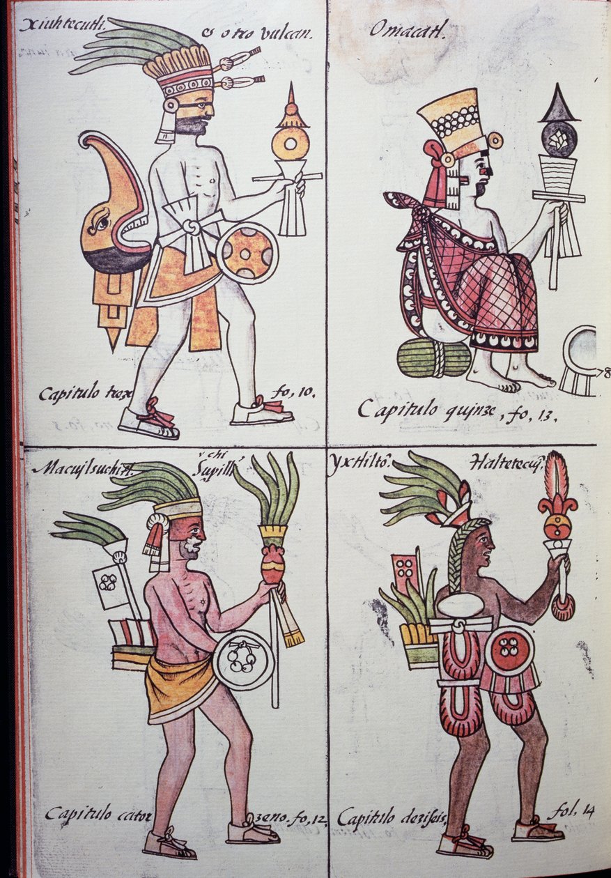 Xiuhtecuhtli, Omacatl, Macuilxochitl, Ixtlilton, Stránka z Florentského kodexu, Verze ve španělštině a Nahuatl, Obecná historie věcí Nového Španělska (Historia general de las cosas de Nueva Espana), Aztec od Benjamin Baud