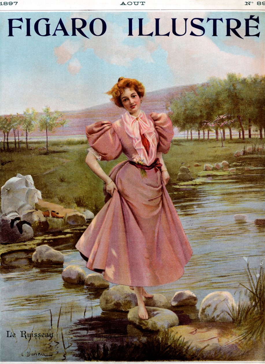 Mladá žena přechází potok - z časopisu Figaro Illustré, srpen 1897. od Unbekannter Künstler