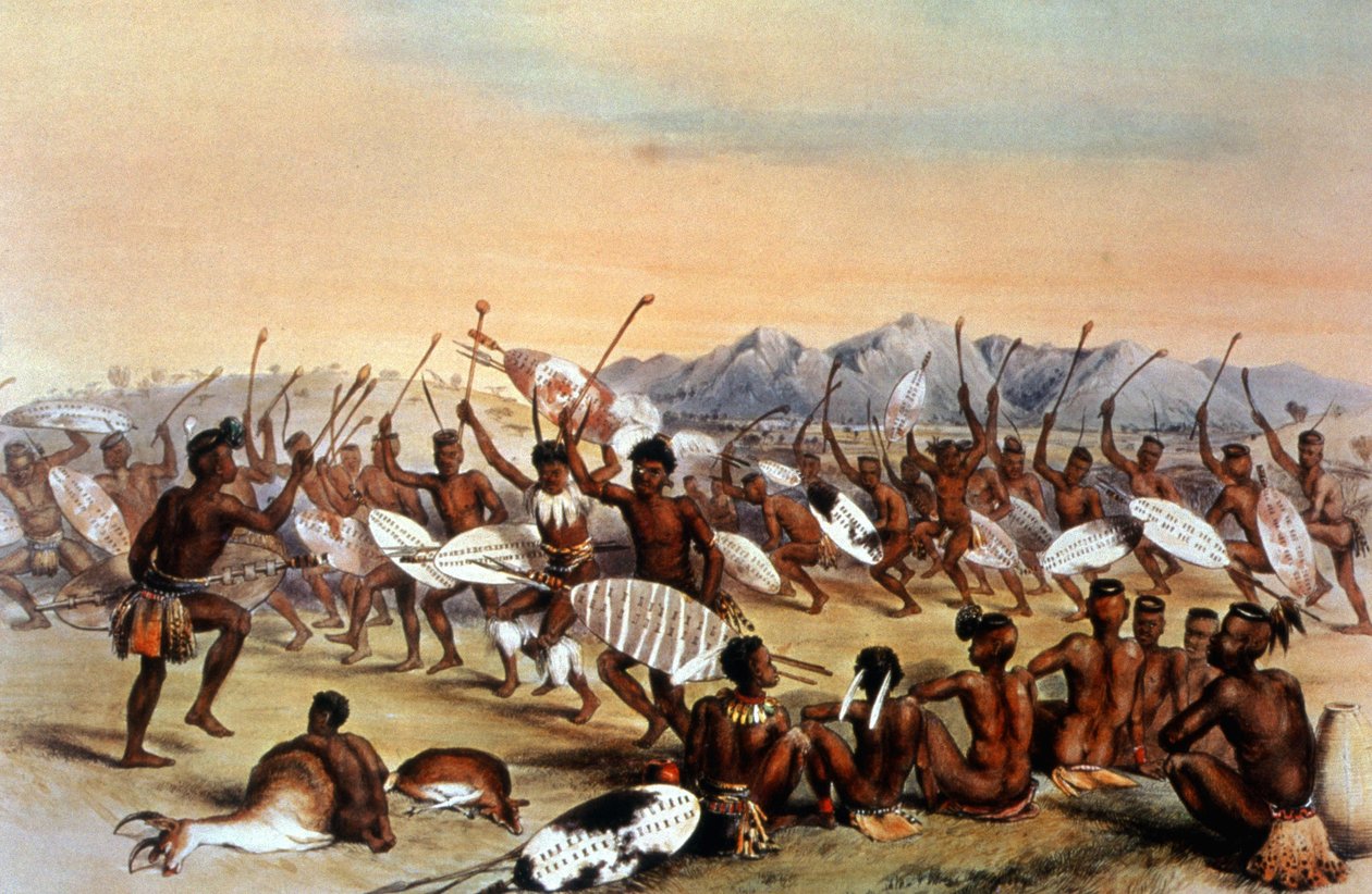 Lovecký tanec Zuluů, asi 1848-1849 (rytina) od Unbekannter Künstler