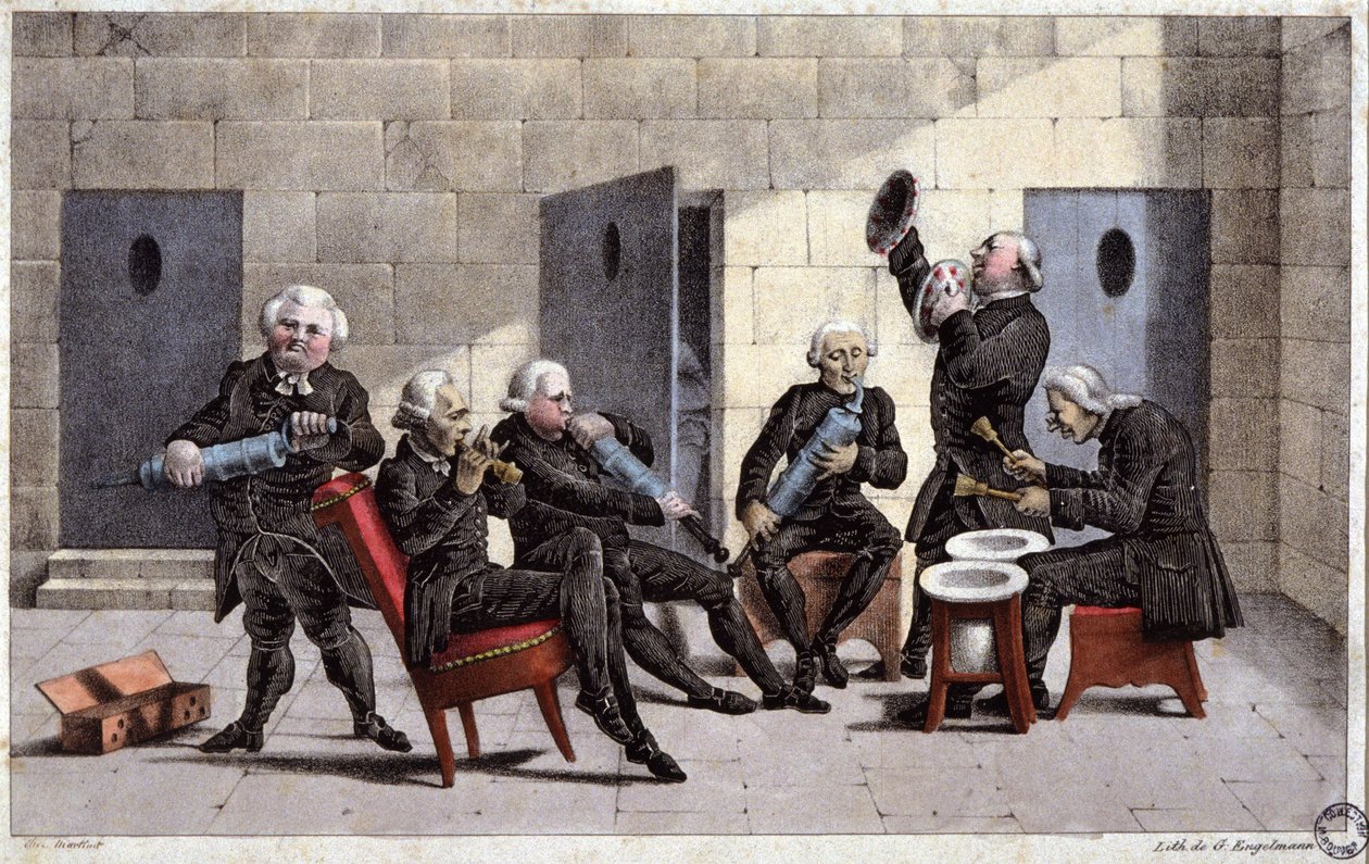 amatéři hrající courante, francouzská karikatura proti lékařům (držícím injekční stříkačky a nočníky jako hudební nástroje) a purgativu v 18. století, rytina Elgelmanna, kolem roku 1830 od Unbekannter Künstler