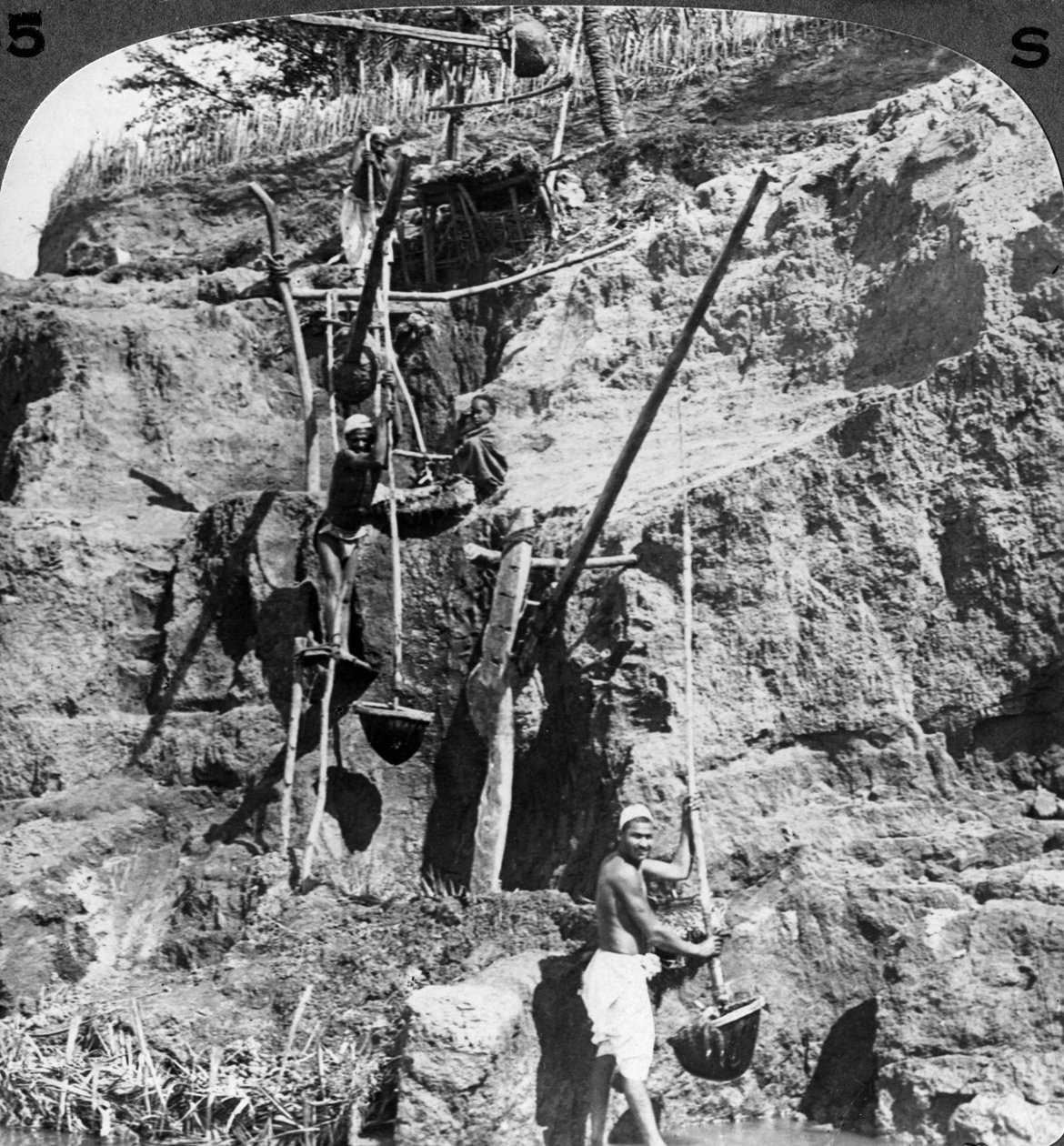 Egyptský shaduf zvedající vody Nilu do žíznivých polí, Egypt, 1905. od Underwood and Underwood