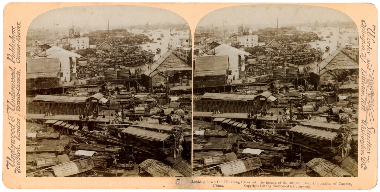 Pohled dolů na Perlovou řeku Zhu Jiang v kantonu Guangzhou, Čína, 1900 od Underwood and Underwood