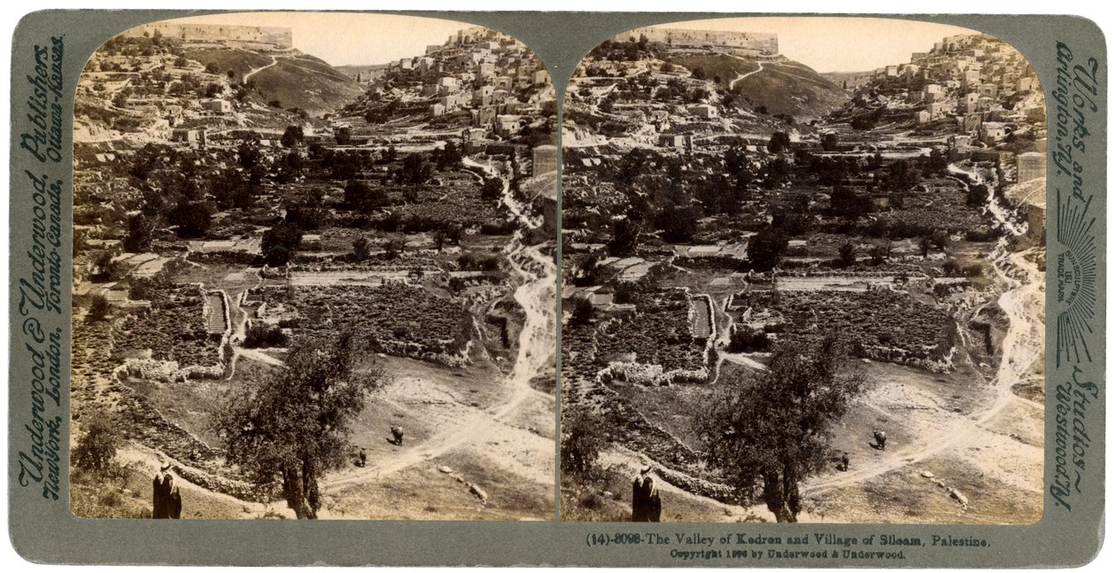 Údolí Kedron a vesnice Siloam, mimo hradby Jeruzaléma, Palestina, 1896. od Underwood and Underwood