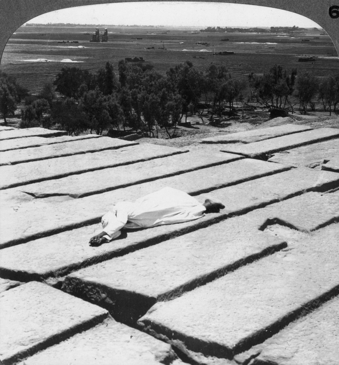 Pohled na Théby a Memnonovy kolosy, jak je vidět z Ramessea, Egypt, 1905. od Underwood and Underwood