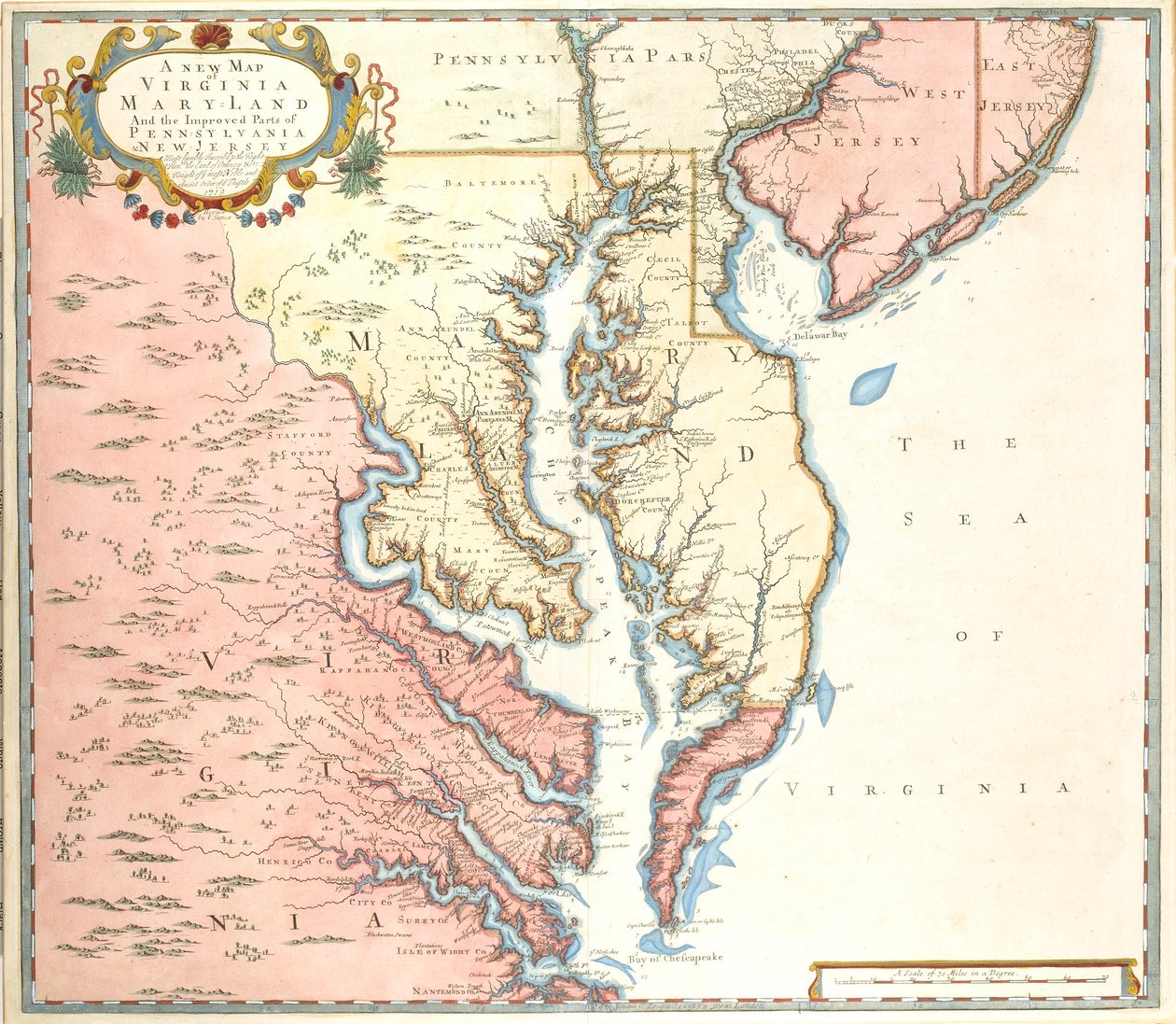 Nová mapa Virginie a Marylandu a vylepšených částí Pensylvánie a New Jersey od Unidentified