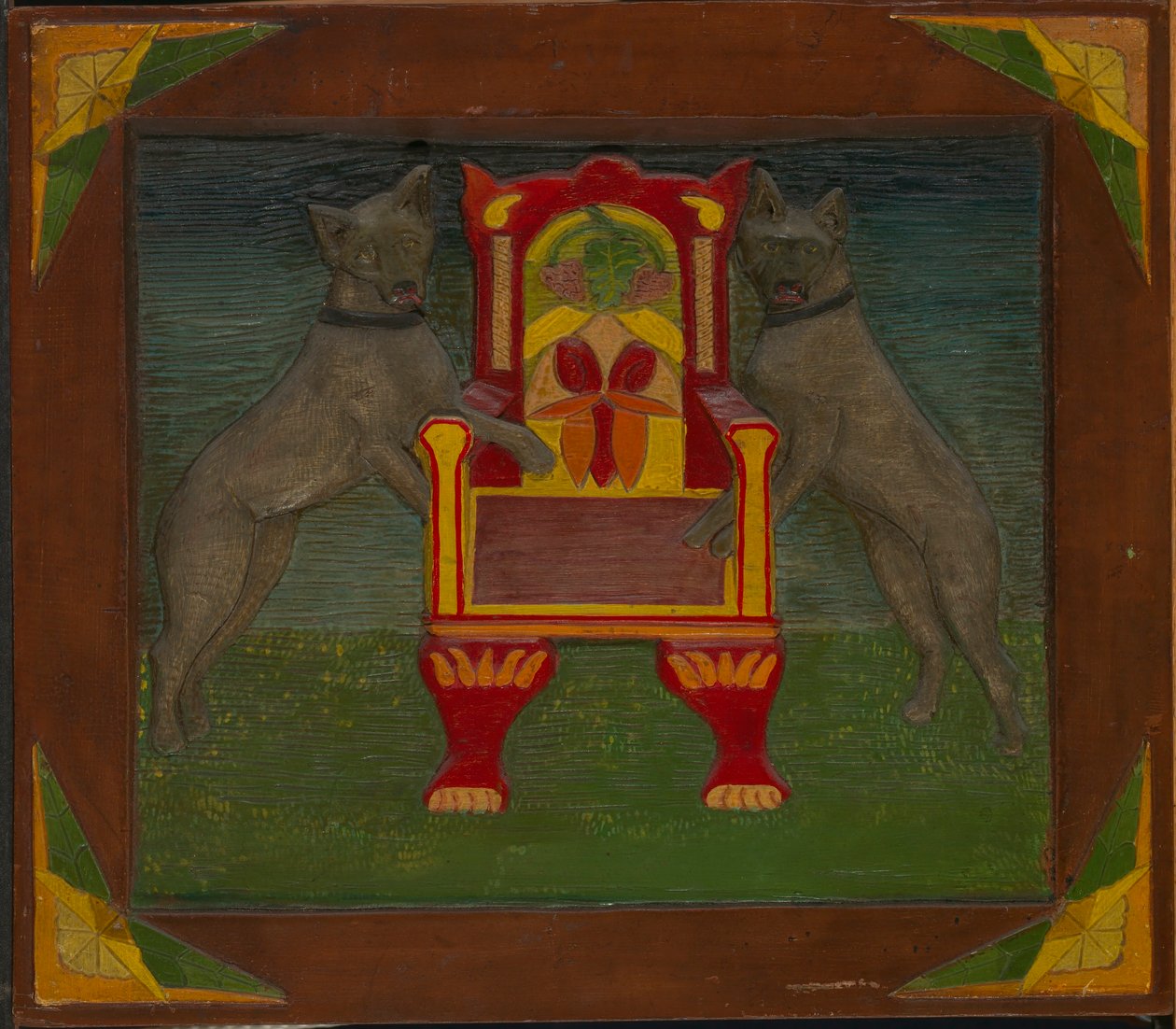 Emblematický panel se dvěma psy a trůnem od Unidentified