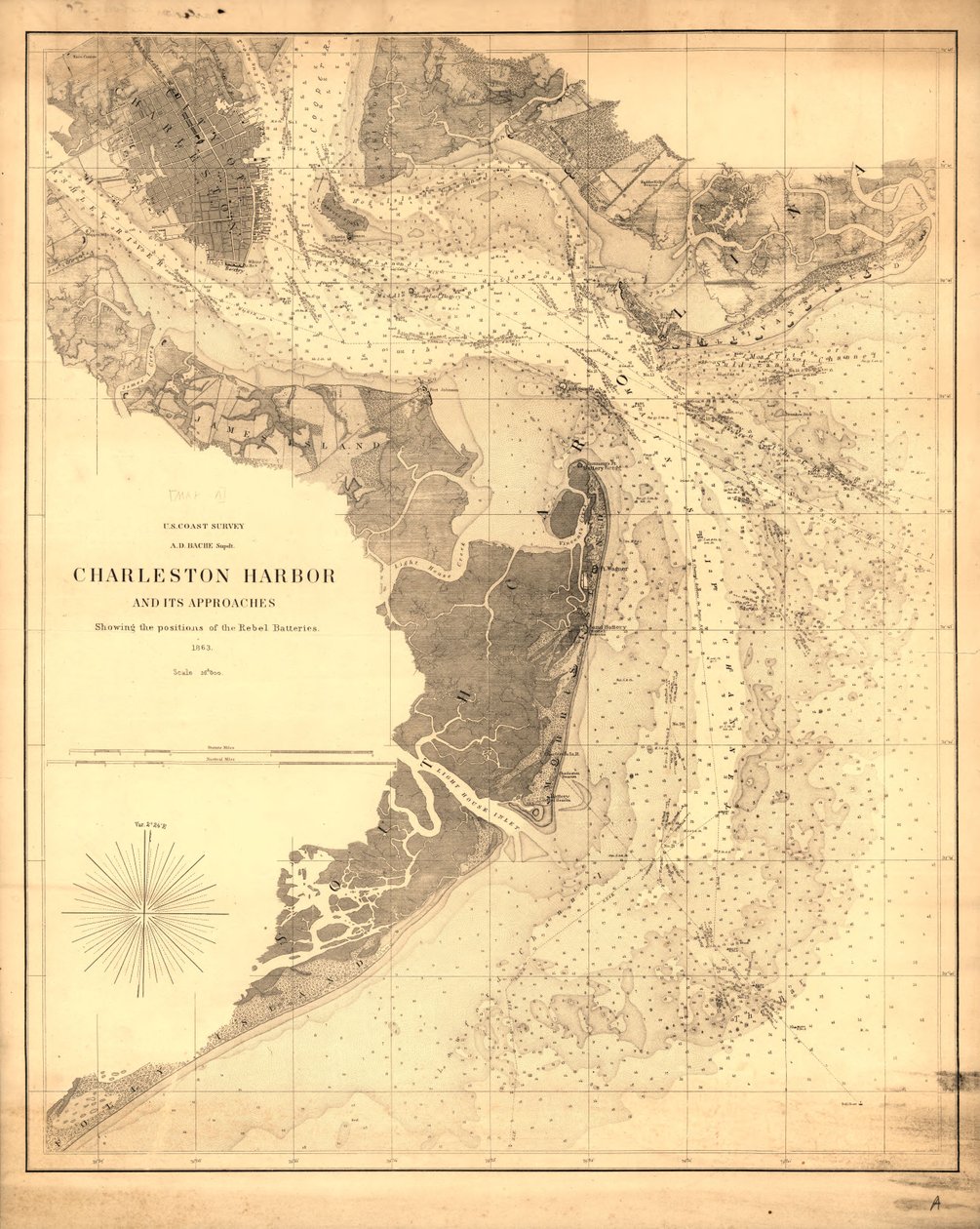 Charlestonský přístav a jeho přístupy s vyznačením pozic povstaleckých baterií. LOC 99448822 od United States Coast Survey