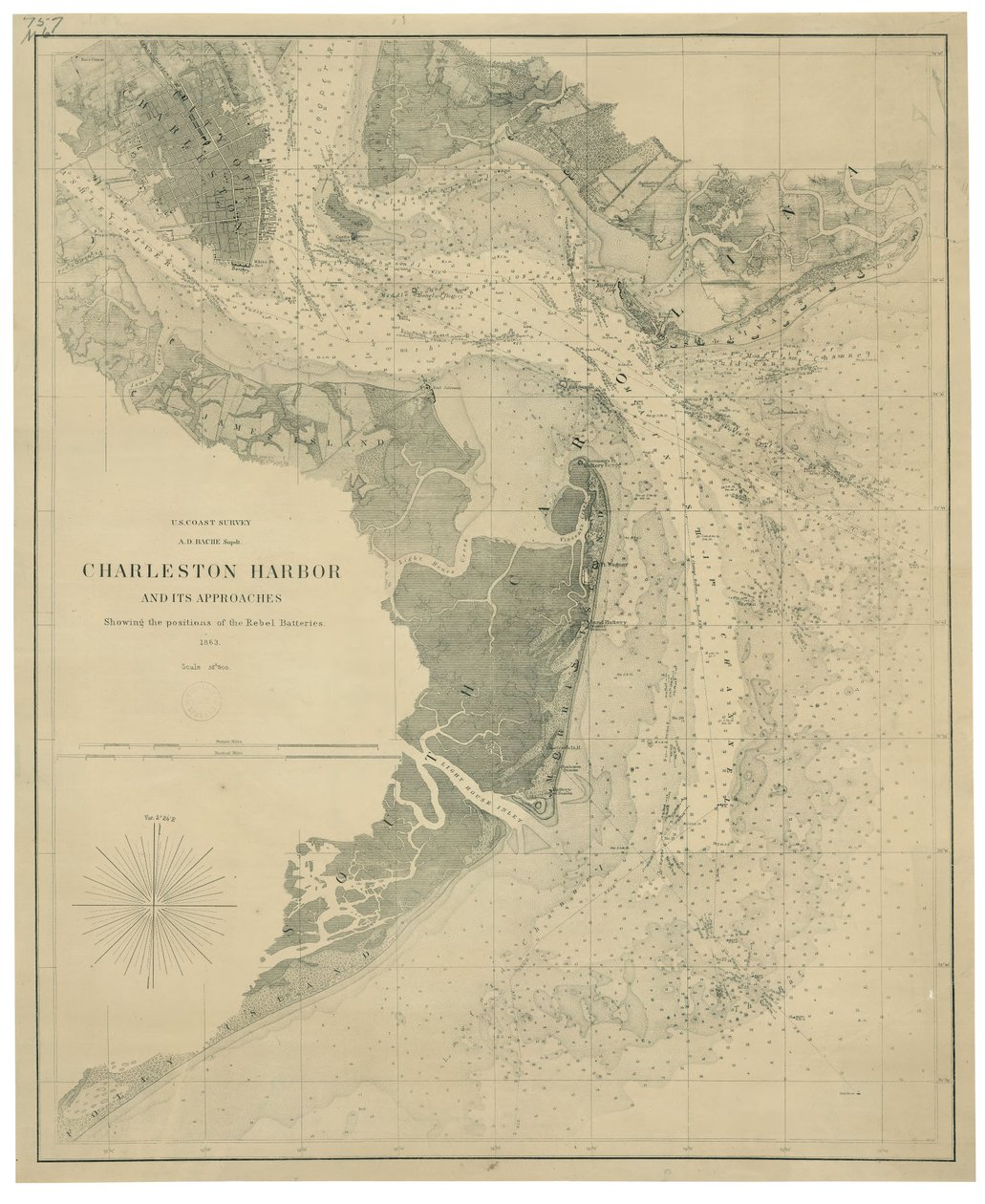 Charlestonský přístav a jeho přístupy s vyznačením pozic povstaleckých baterií LOC lva0000206 od United States Coast Survey