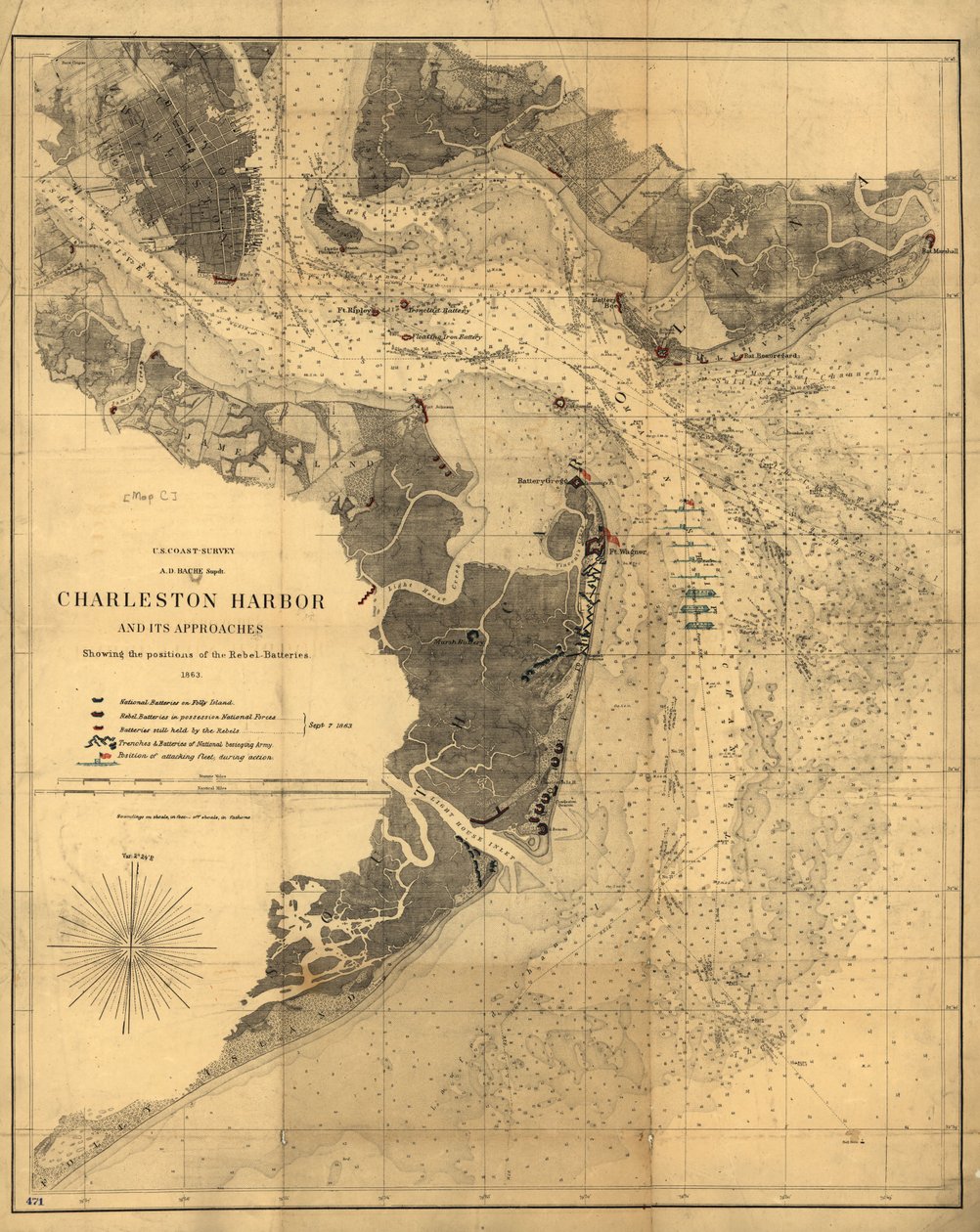 Charlestonský přístav a jeho přístupy s vyznačením pozic povstaleckých baterií. LOC 99448827 od United States Coast Survey