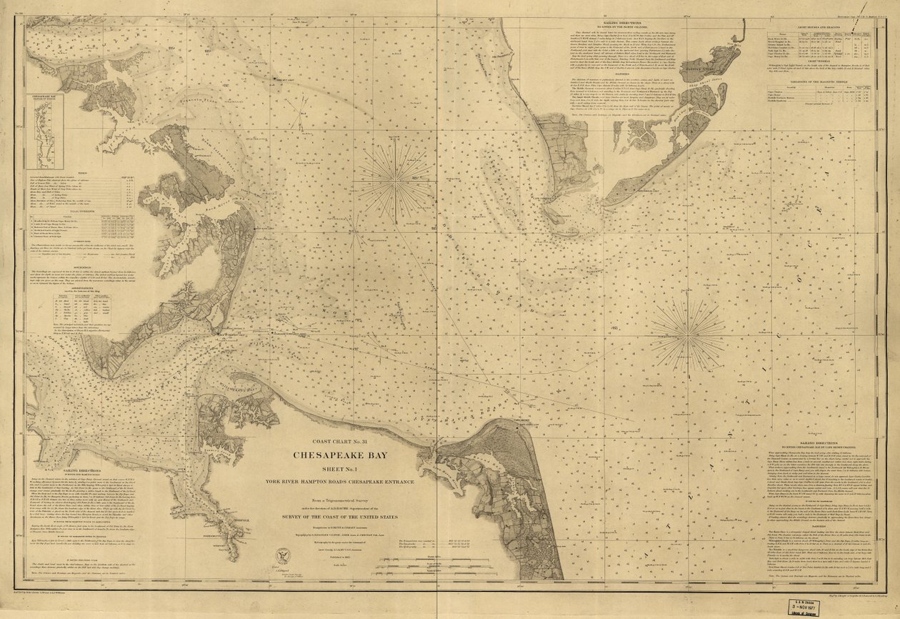 Chesapeake Bay, list č. 1, York River, Hampton Roads, Chesapeake entrance.. LOC 99447134 od United States Coast Survey