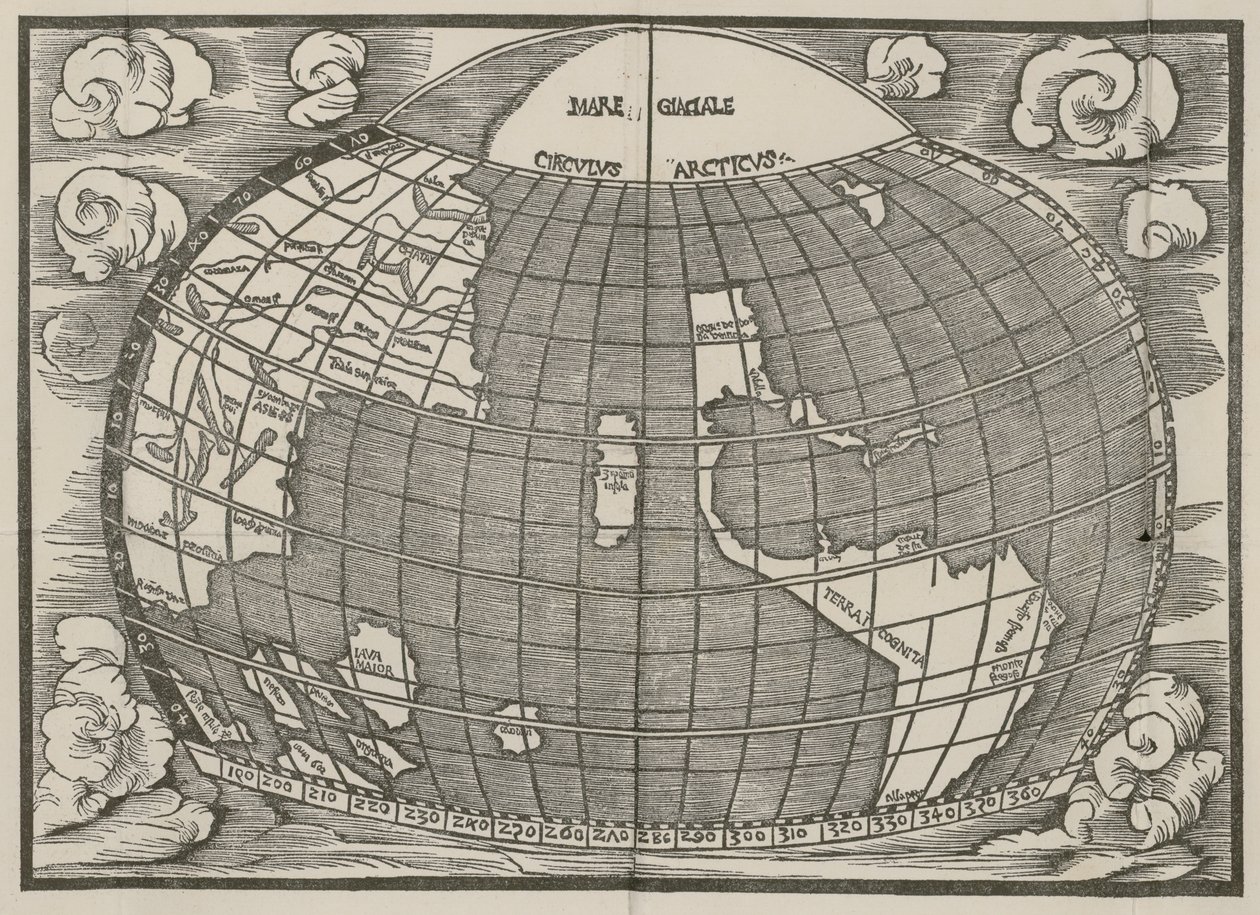 Mapa Severní a Jižní Ameriky ukazující spojení obou kontinentů šíjí. Publikováno v Introductio in Ptholomei Cosmographiam (Introduction to the Cosmography of Ptolemy) by Jan of Stobnica, 1512 od Unknown