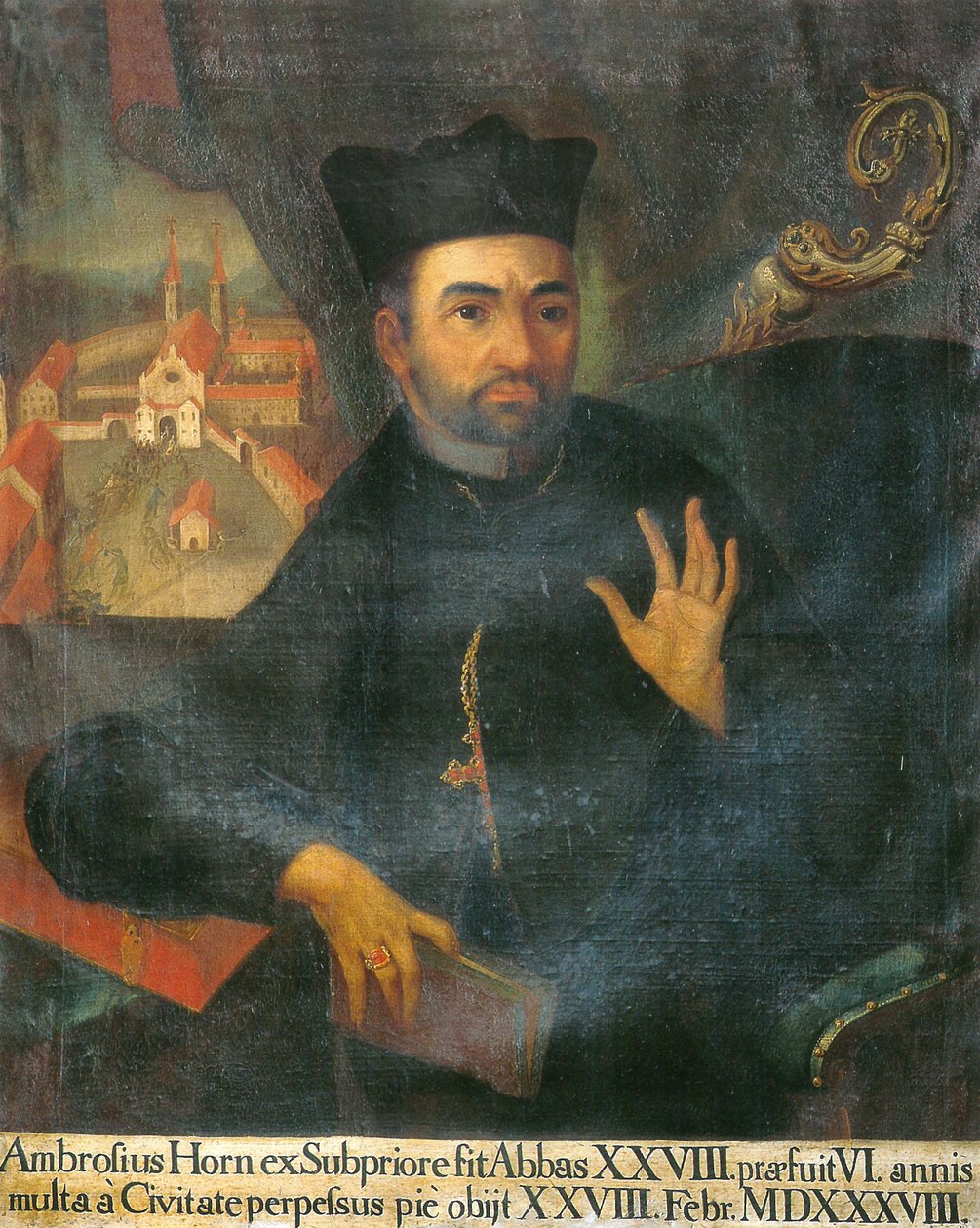 28. opat Ambrosius Horn, v pozadí ikonoklasmus v klášteře Isny od Unknown