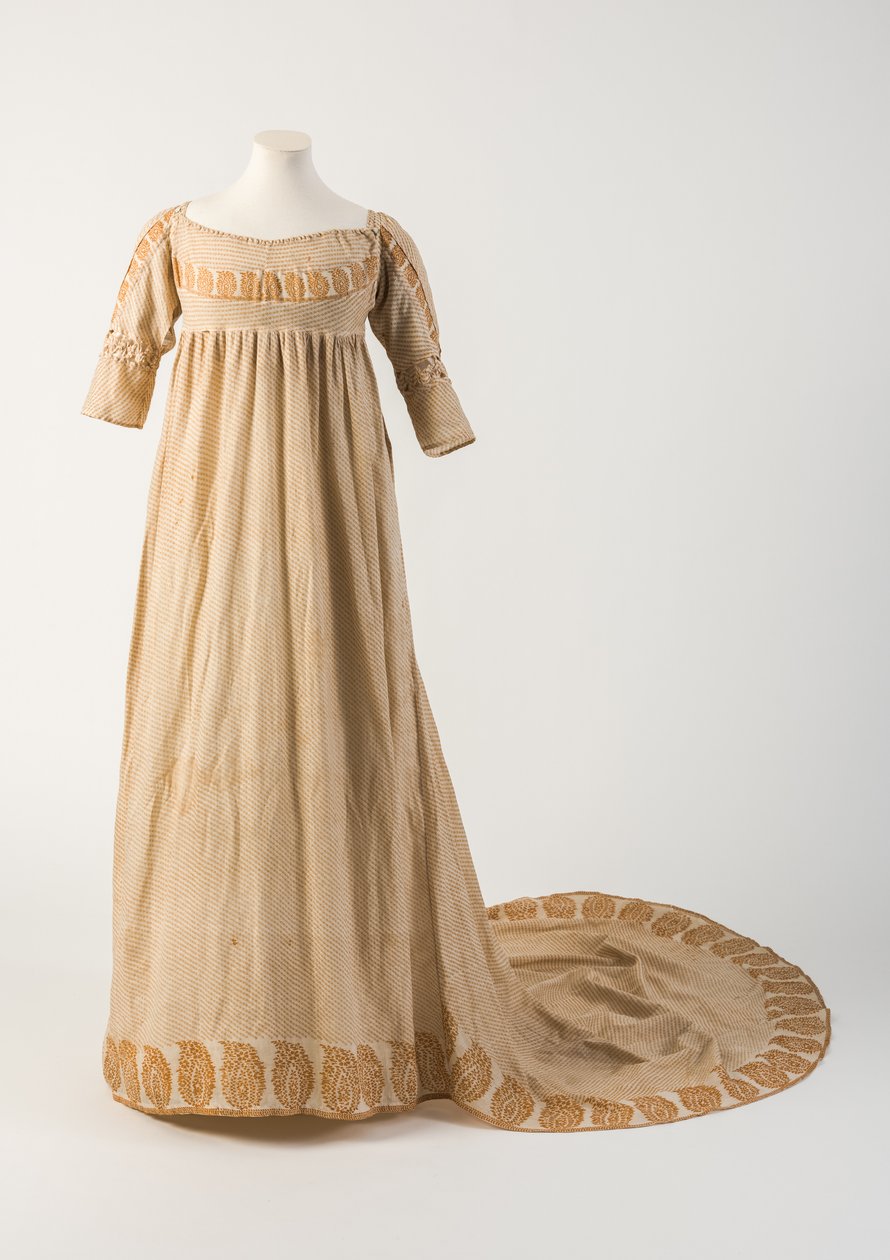Oranžovožluté bavlněné šaty s potiskem, s motivem šišky nebo patky, 1800 (bavlna) od Unbekannt Unbekannt