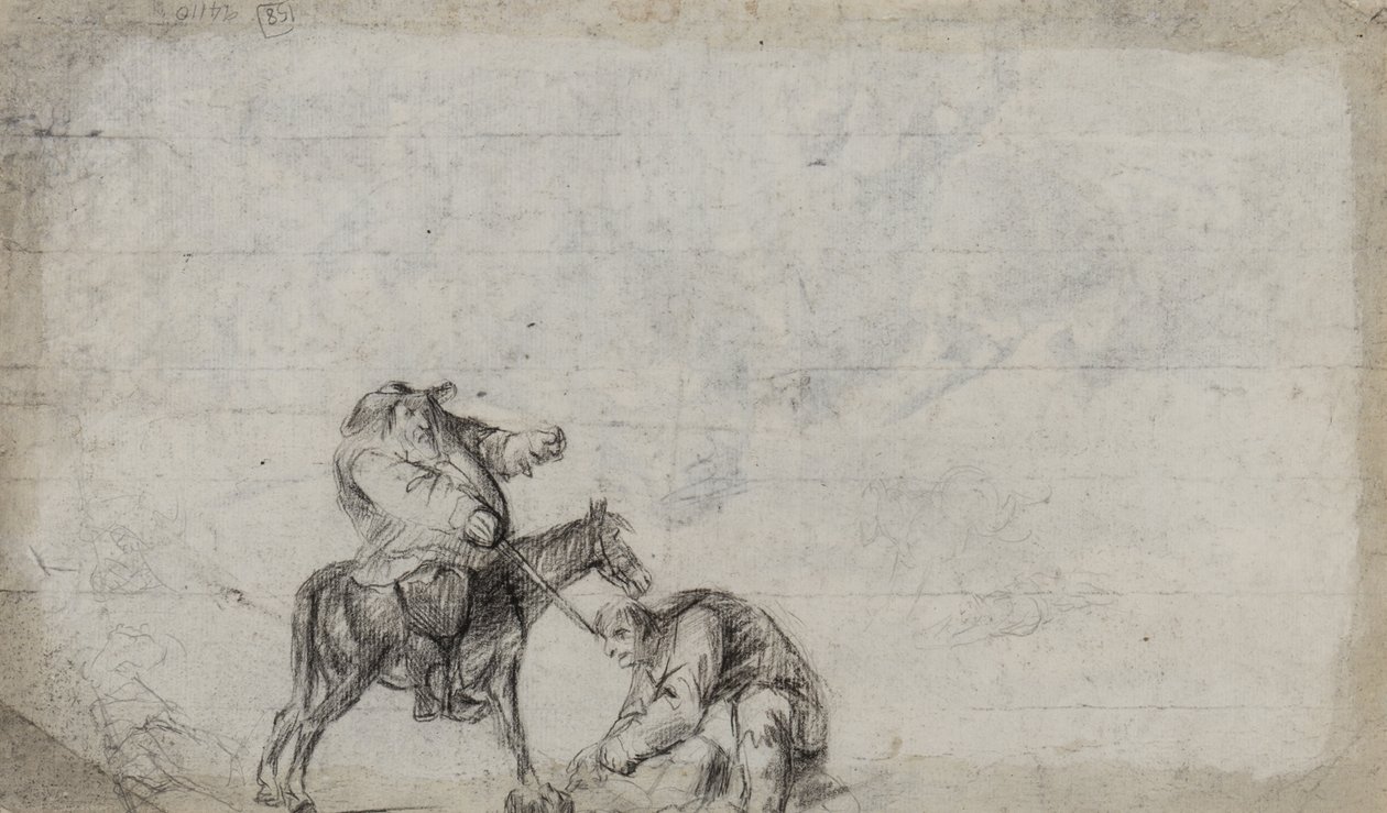 Studie spojená s napadením Travellera, možná Hudibras Samuela Butlera, kolem roku 1790 (uhlí na papíře) od Unbekannt Unbekannt