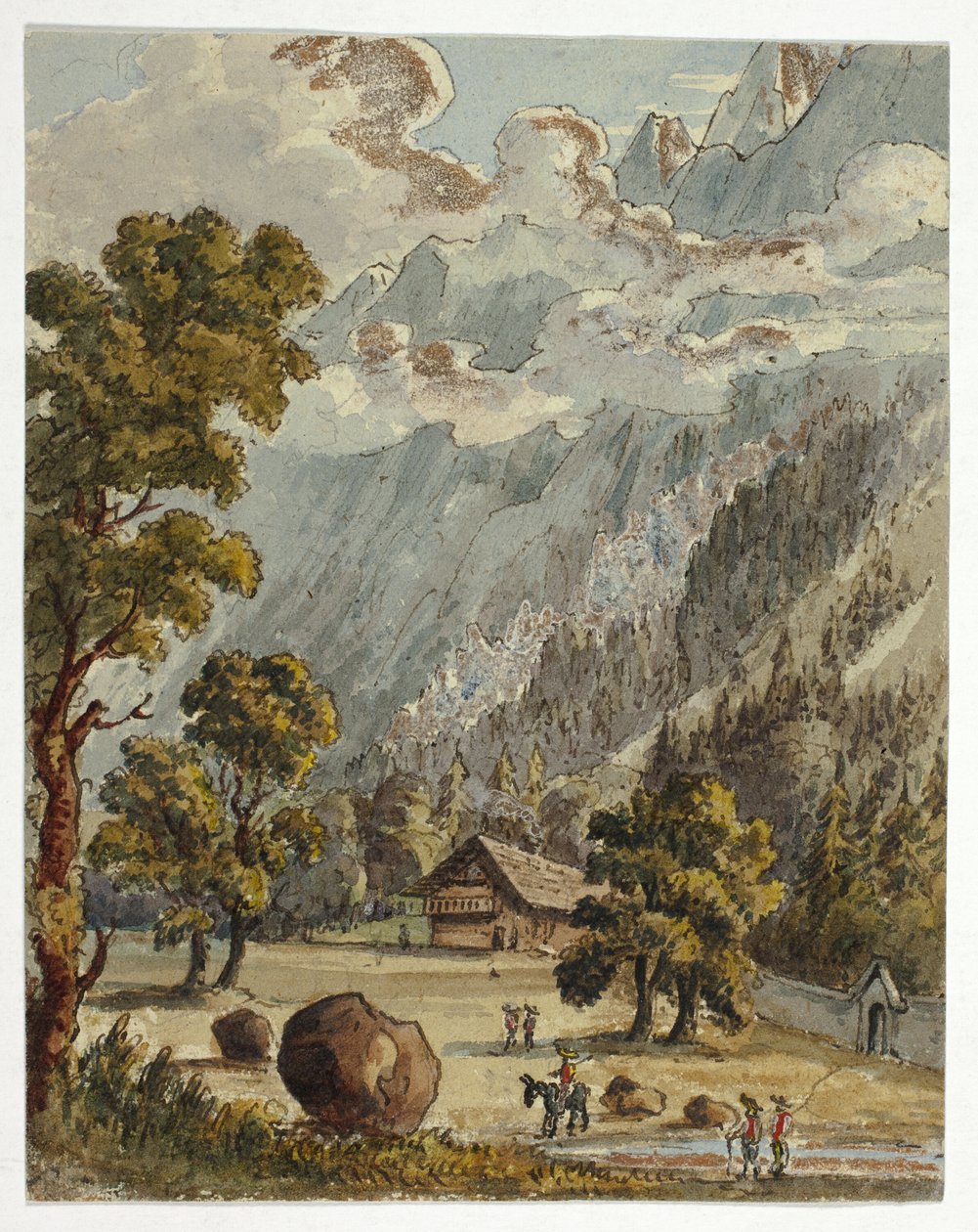 Chata a zahrada pod Alpami (recto); vesnice a ledovec du Boissons, Chamix (verso) od Unknown