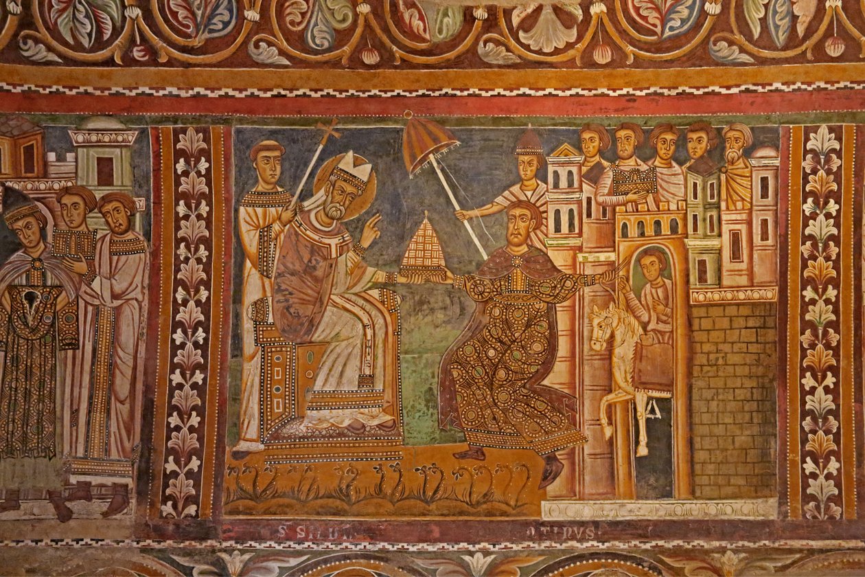 Císař Konstantin předkládá svou císařskou čelenku papeži Silvestrovi a dává mu vládu nad Římem, západní stěna kaple San Silvestro, 1246 od Unknown