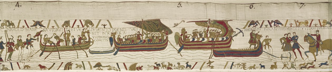 Harold překročí kanál na území Guye, hraběte z Ponthieu, kde je zajat, Bayeux Tapestry (vlněná výšivka na plátně) od Unknown