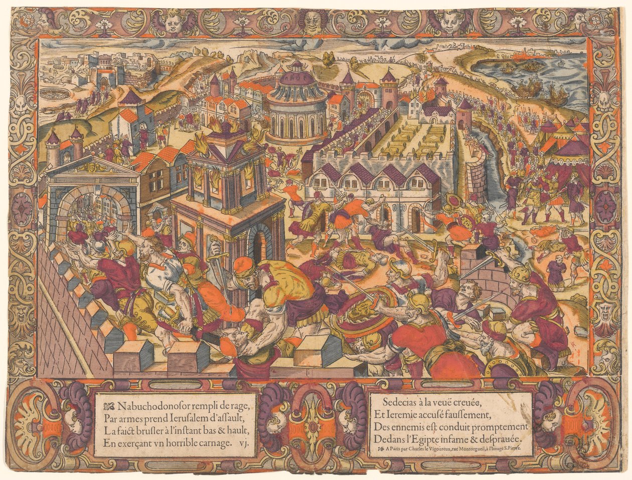 Jerusalem est prize & brulee, le Roy Sedecias a les yeux crevez. Et Jeremie est mene en Babilone. (Jeruzalém je zajat a upálen; králi Seleucisovi vyloupli oči. A Jeremiáš je přiveden do Babylóna. Jeremiáš 39-43), ne. 6, Příběh Jeremiášův od Unknown