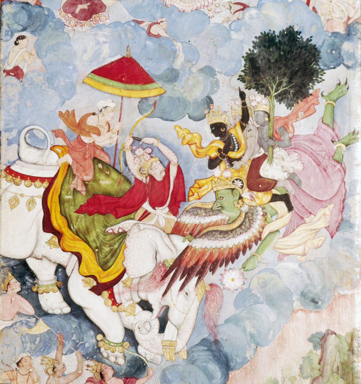 Krišna, o Ptačím bohu, Garuda bojuje s Indrou na slonovi, Harivamsův rukopis, c1590 od Unknown