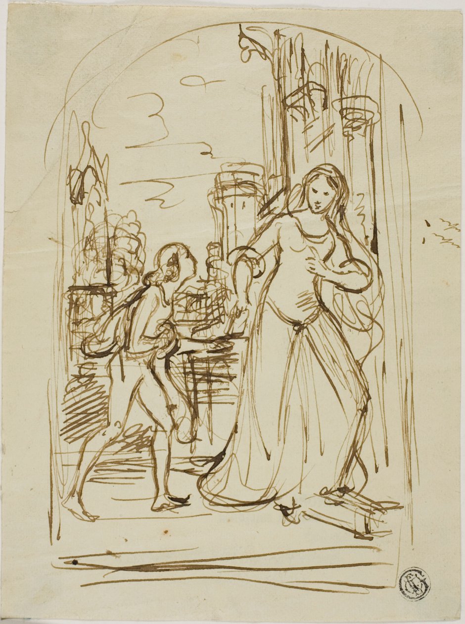 Literární ilustrace: Středověká dáma s listem (recto); náčrty postav (verso) od Unknown