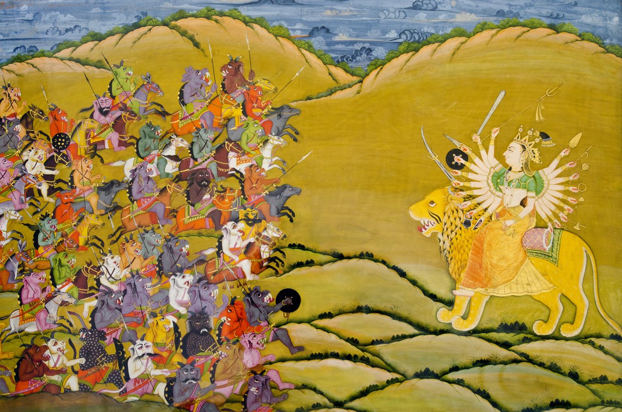 Marwar malba: Démoni se připravují na bitvu proti bohyni Durga, palácové muzeum Mehrangarh Fort, Jodhpur, Rádžasthán, Indie od Unknown