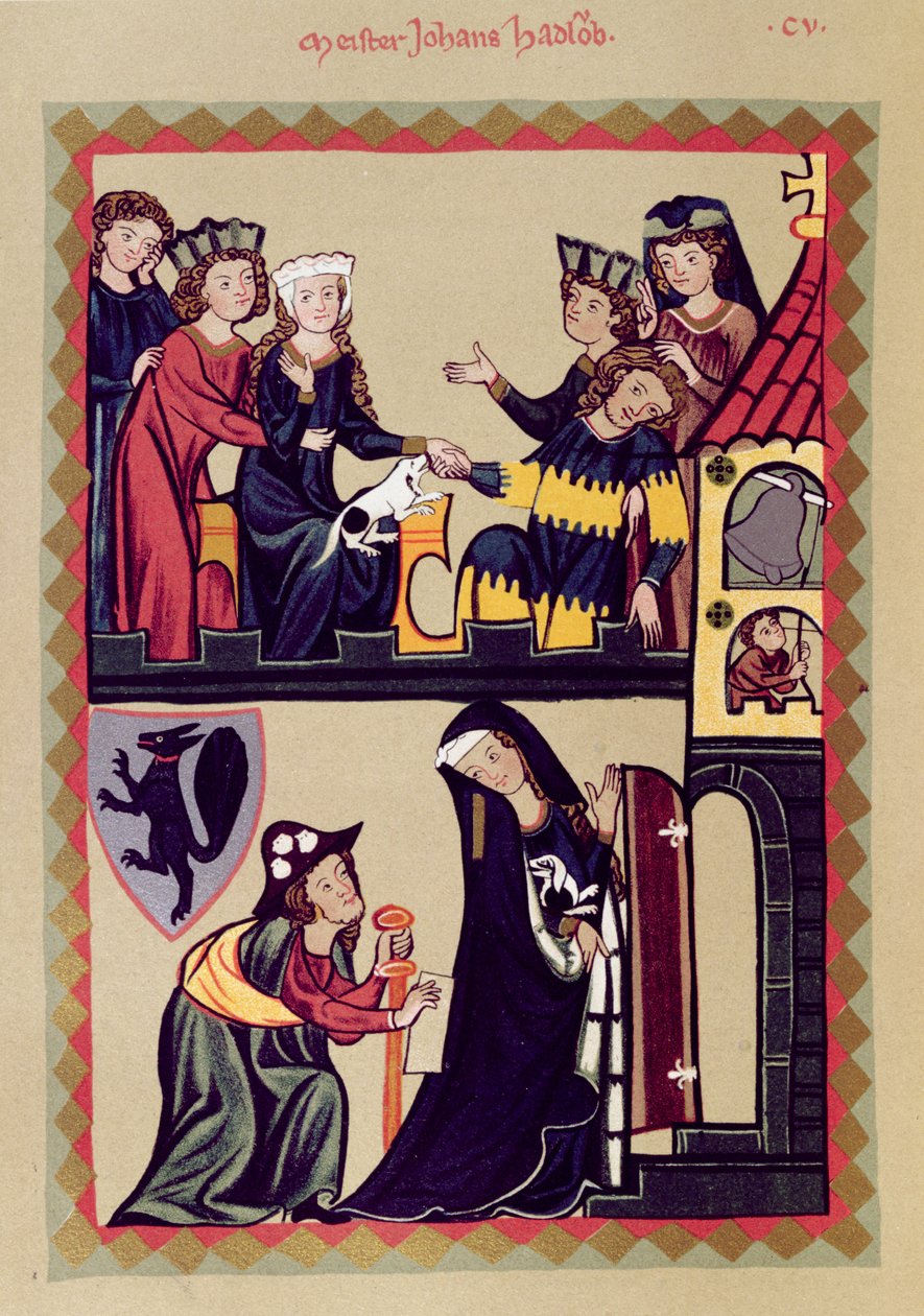 Mistr Johannes Hadloub, ilustrace z faksimile Kodexu Manesse nebo Grosse Heidelberger Liederhandschrift, vyrobený v Curychu kolem roku 1305-40 od Unknown