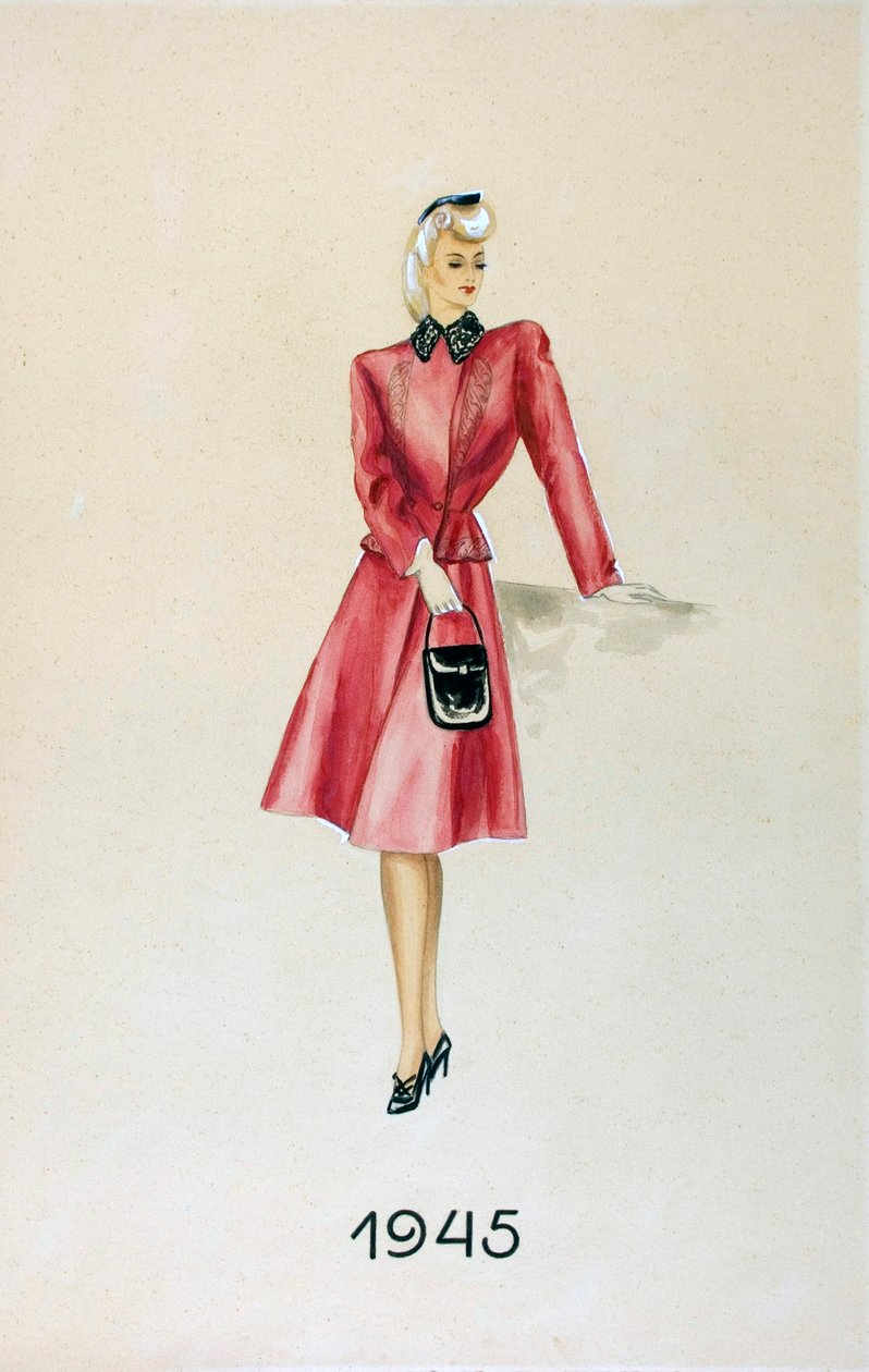Modelka v obleku, držící kabelku, 1945 od Unknown