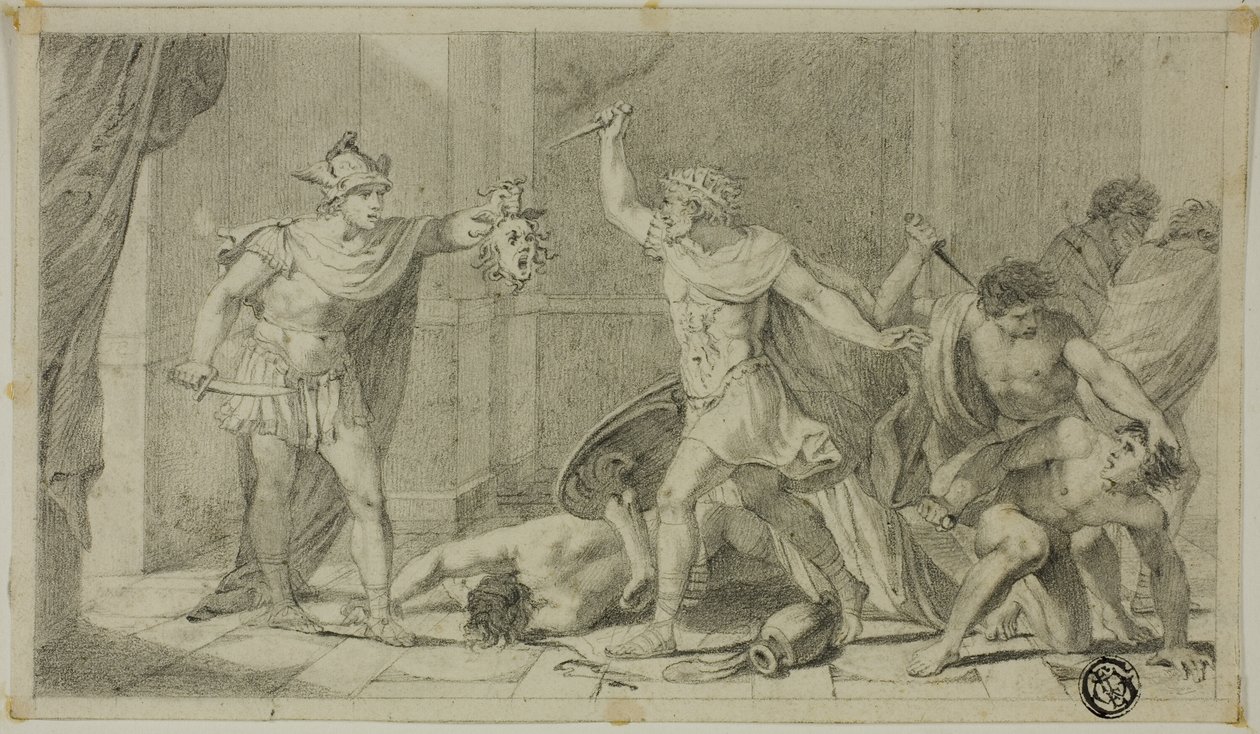 Perseus konfrontující Phinease a jeho následovníky s hlavou Medúzy od Unknown