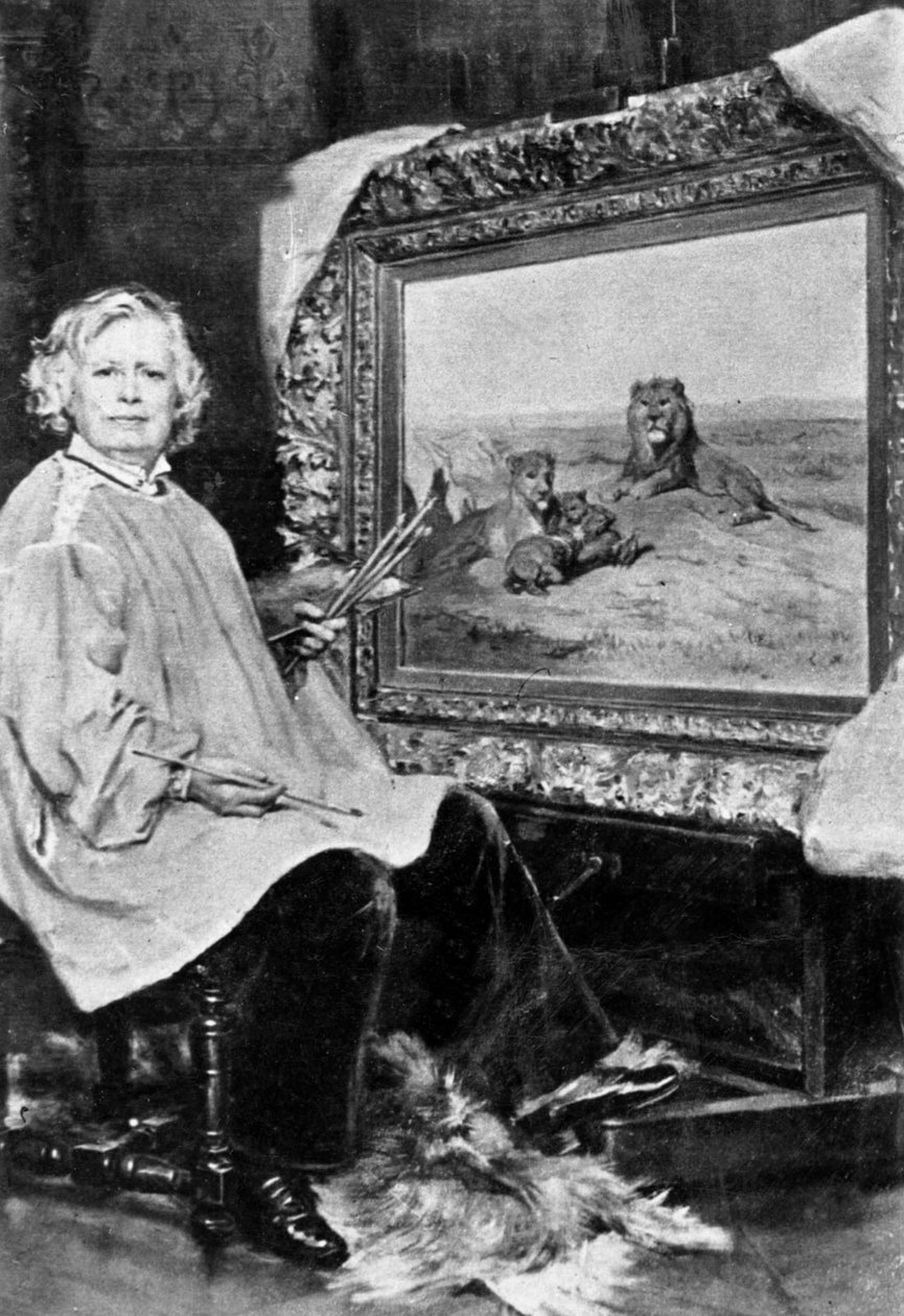 Rosa Bonheur (1822-1899) francouzská malířka divokých zvířat zde před jedním ze svých pláten představujících lvy c. 1875 od Unknown