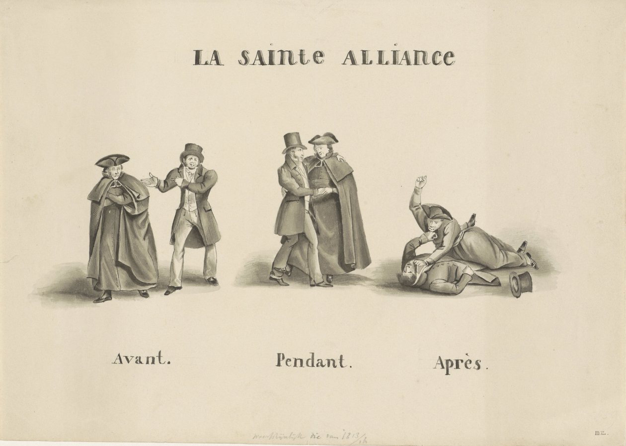 Karikatura spojenectví mezi římskou duchovní stranou a liberální stranou proti nizozemské vládě, 1828 La Sainte Alliance (název na objektu) od Unknown