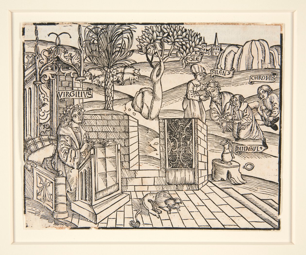 Pastýři Chromis a Mnasyle svazují spícího Silena. 1502. Z ilustrované publikace Vergilia od Unknown