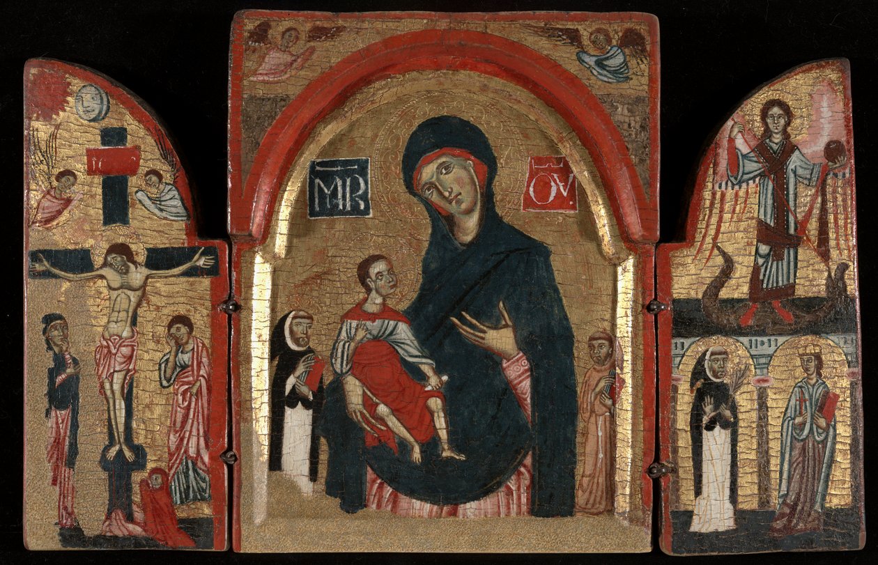 Triptych: Panna a dítě se svatými Dominikem a Františkem; Ukřižování; Svatý Michael se svatými Petrem mučedníkem a Kateřinou Alexandrijskou od Unknown