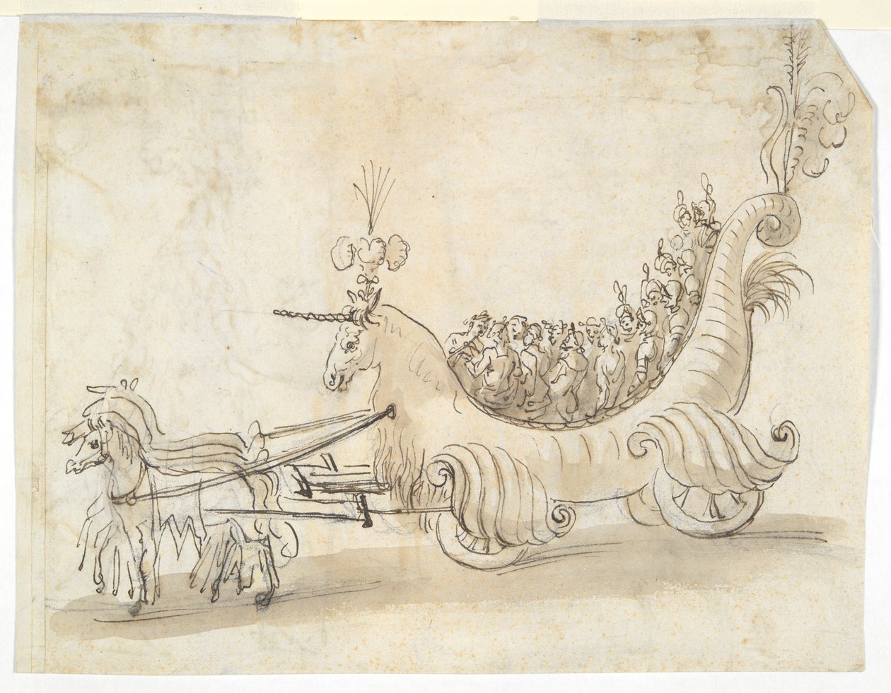 Dvě kostýmní studie (recto); Vůz v podobě jednorožce (verze) od Unknown