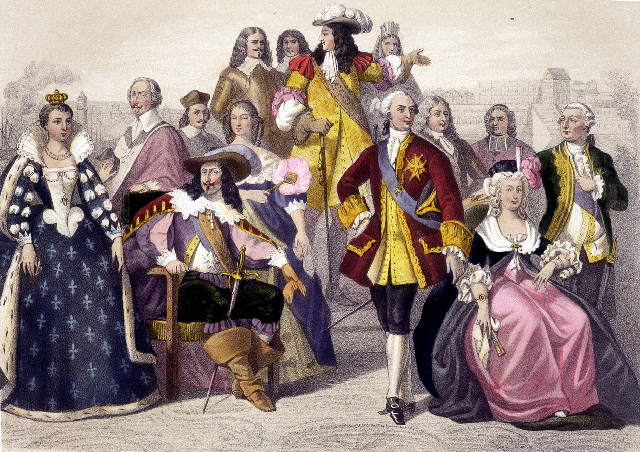 1610 až 1774. Marie Medicejská, Ludvík XIII., Ludvík XV., Marie Antoinetta a Ludvík XVI. Rytina 19. století. od Unknown artist