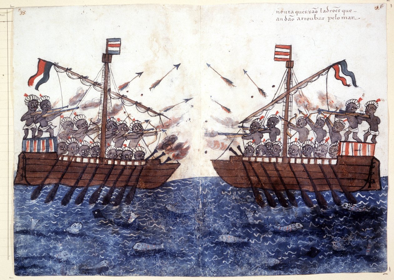 Rytina z 16. století zobrazující setkání s pirátskou lodí v Indickém oceánu. Římská biblioteca Casantense. od Unknown artist